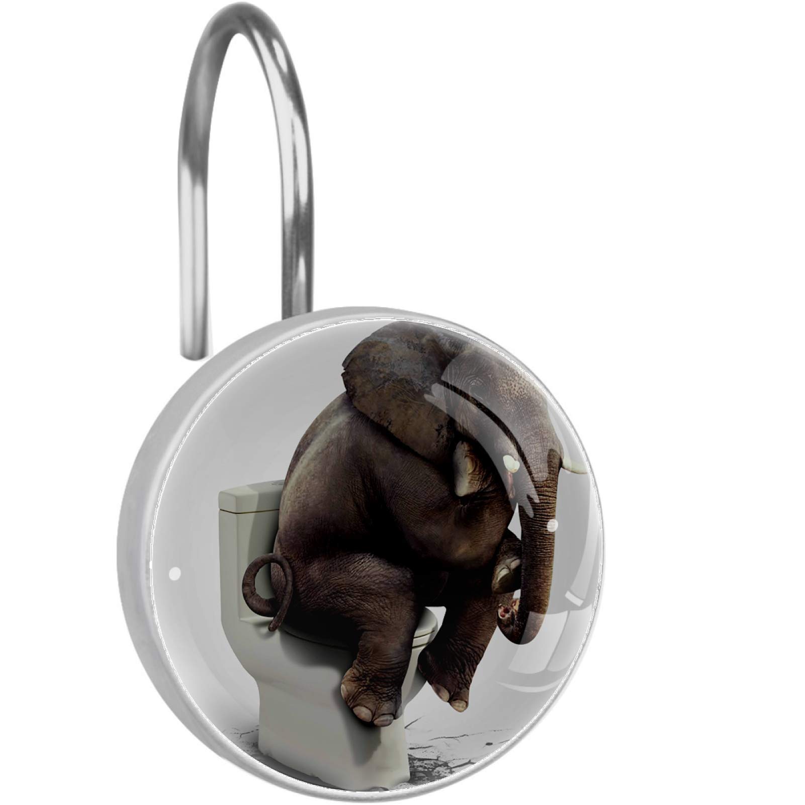 12PCS Funny Elephant Sitting on Toilet Shower Curtain Hooks - Rustproof Metal Resin Bathroom Hooks for Shower, Baby Room & Home Decor - Durable Stainless Steel Hooks for Bath, Kitchen & Living Room Organization