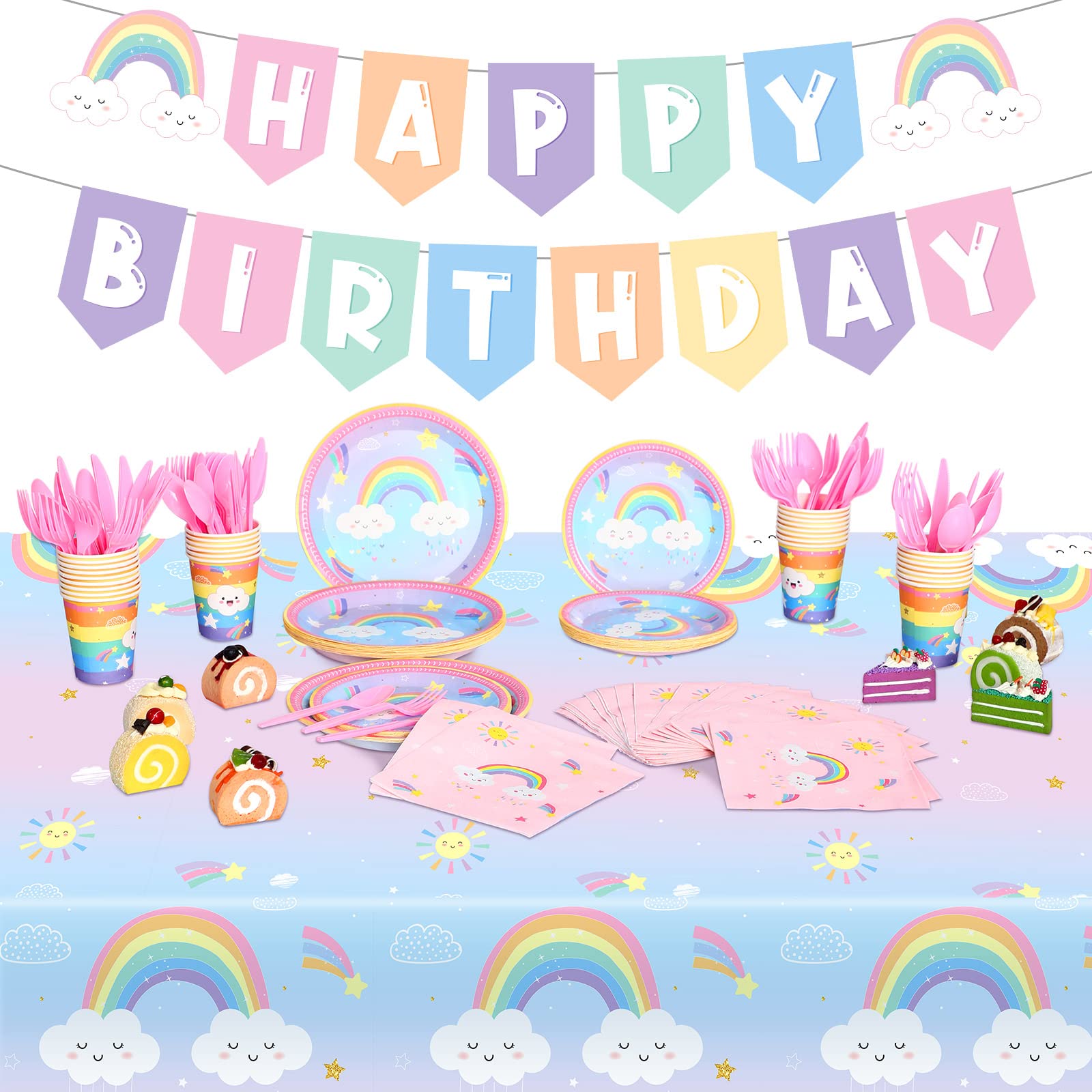 212-Piece Pastel Rainbow Birthday Party Supplies Set - Includes Paper Plates, Tablecloth, Cups, Napkins, Cutlery & Banner for 30 Guests - Perfect for Rainbow Themed Parties, Baby Showers & Celebrations (Cute Style)