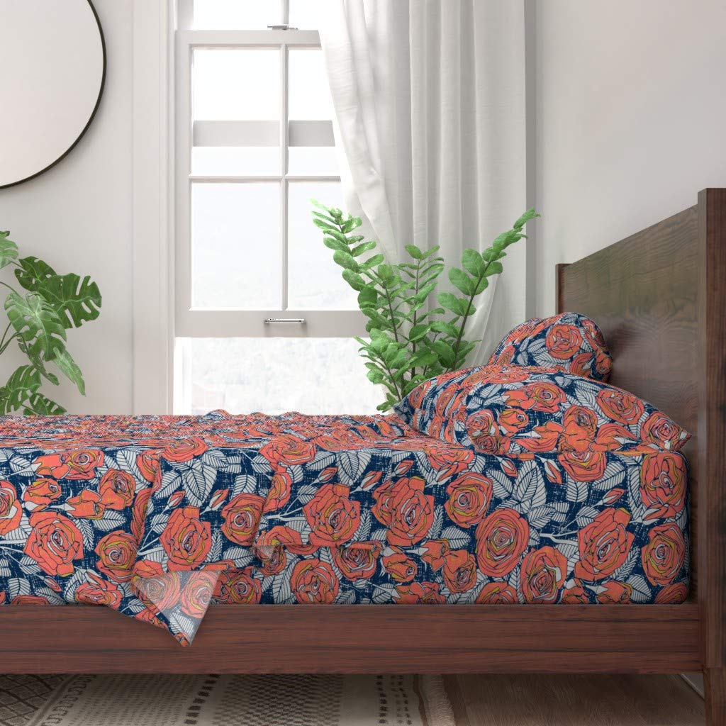 Spoonflower 100% Cotton Twin Sheet Set 3pc - Coral Rose Maximalist Floral Blue Flowers Vintage Print Custom Bedding for Boho Chic & Retro Bedroom Decor
