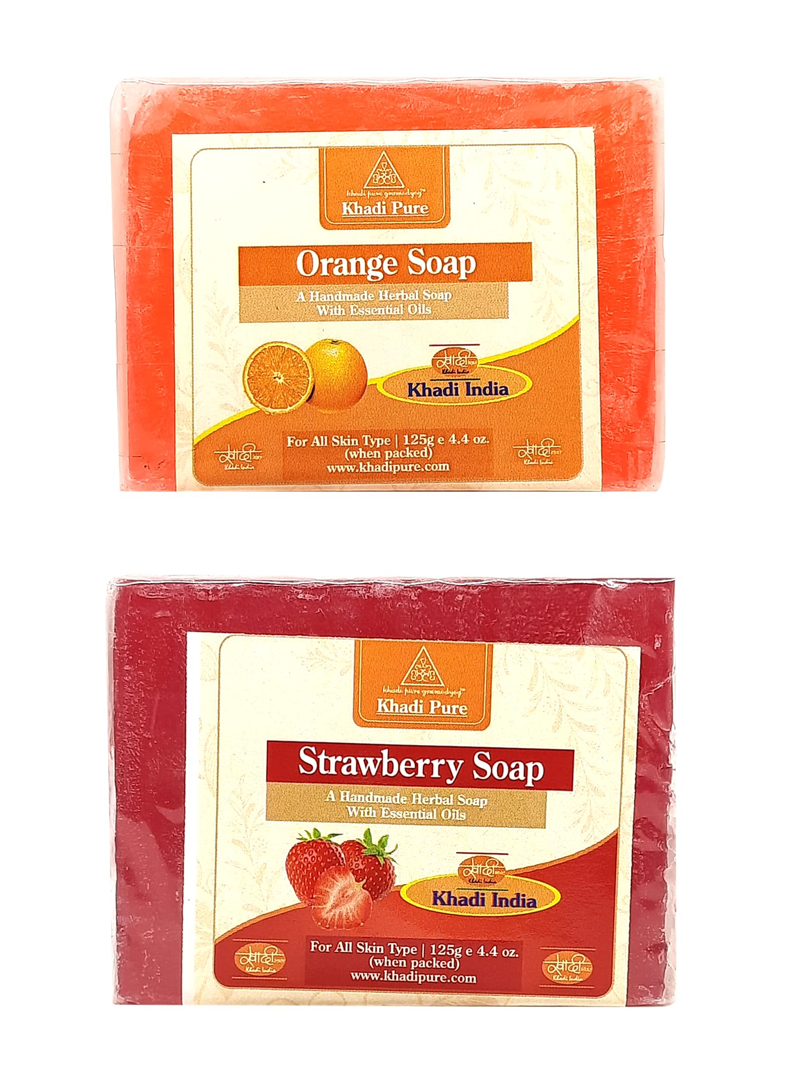 Organic Khadi Herbal Orange & Strawberry Soap (125g x 2 Bars) - 100% Natural, Vegan & Chemical-Free for Glowing Skin - Perfect for Daily Face & Body Cleansing, Gift Sets & Spa Days