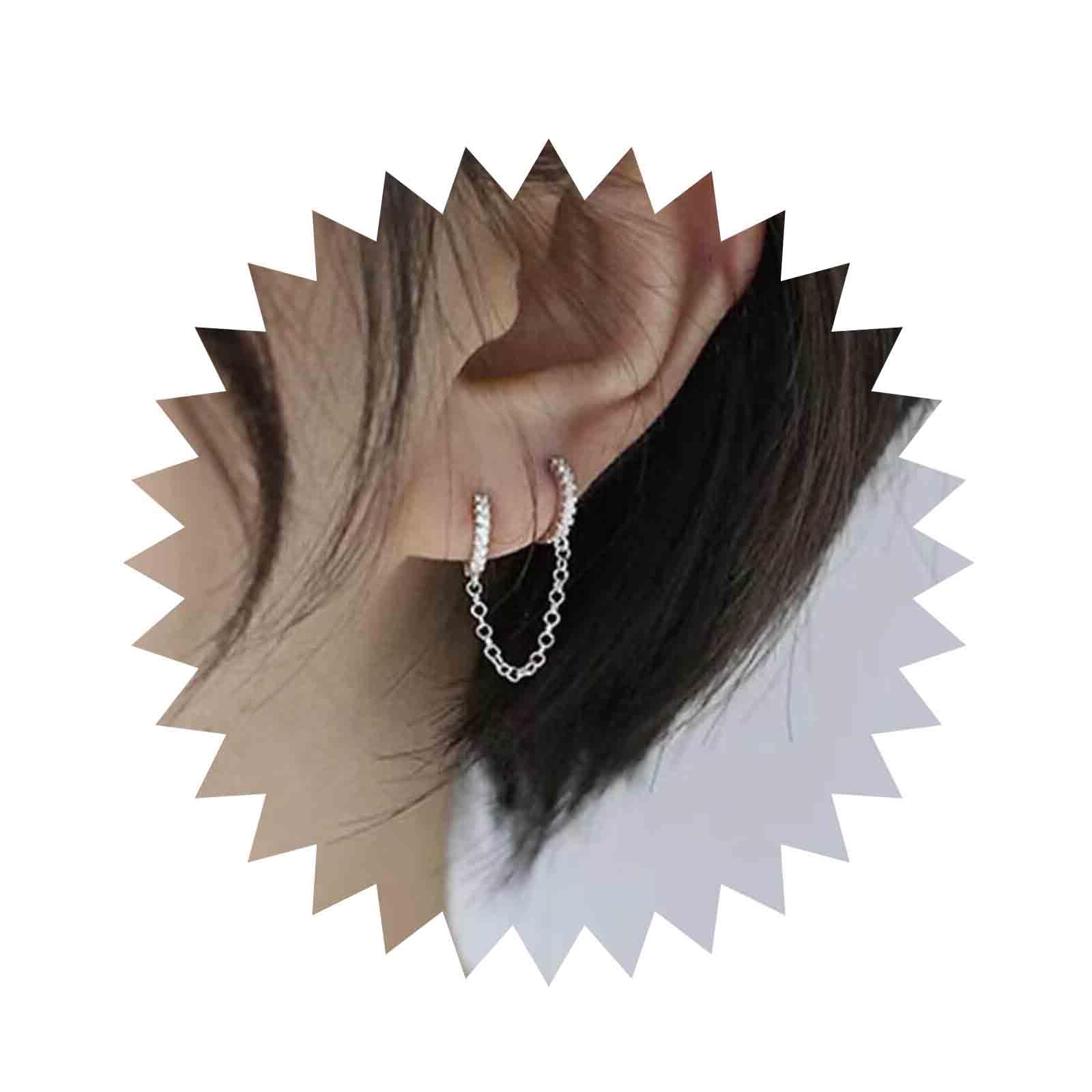Boho Double Chain Hoop Earrings for Women - Gold CZ Punk Dangle Earrings with Rhinestones | Trendy Huggie Studs Jewelry Gift for Girls & Women | Perfect for Parties, Date Nights & Casual Wear