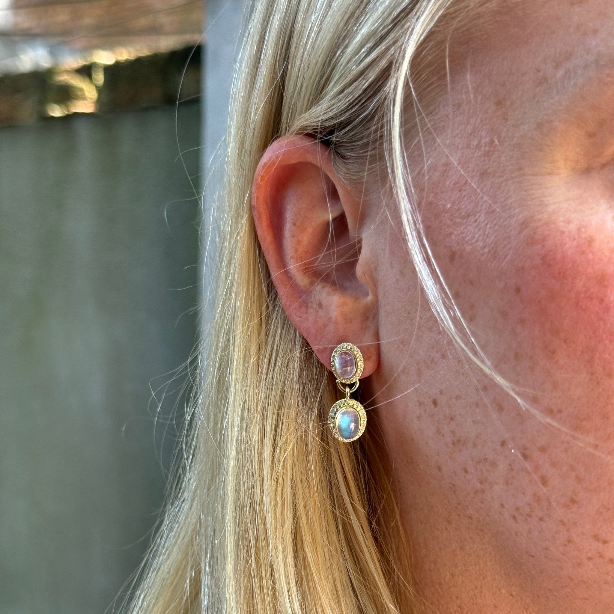 14K Yellow Gold Moonstone & Diamond Double Drop Earrings for Women - Elegant Dangling Jewelry for Parties, Weddings & Special Occasions