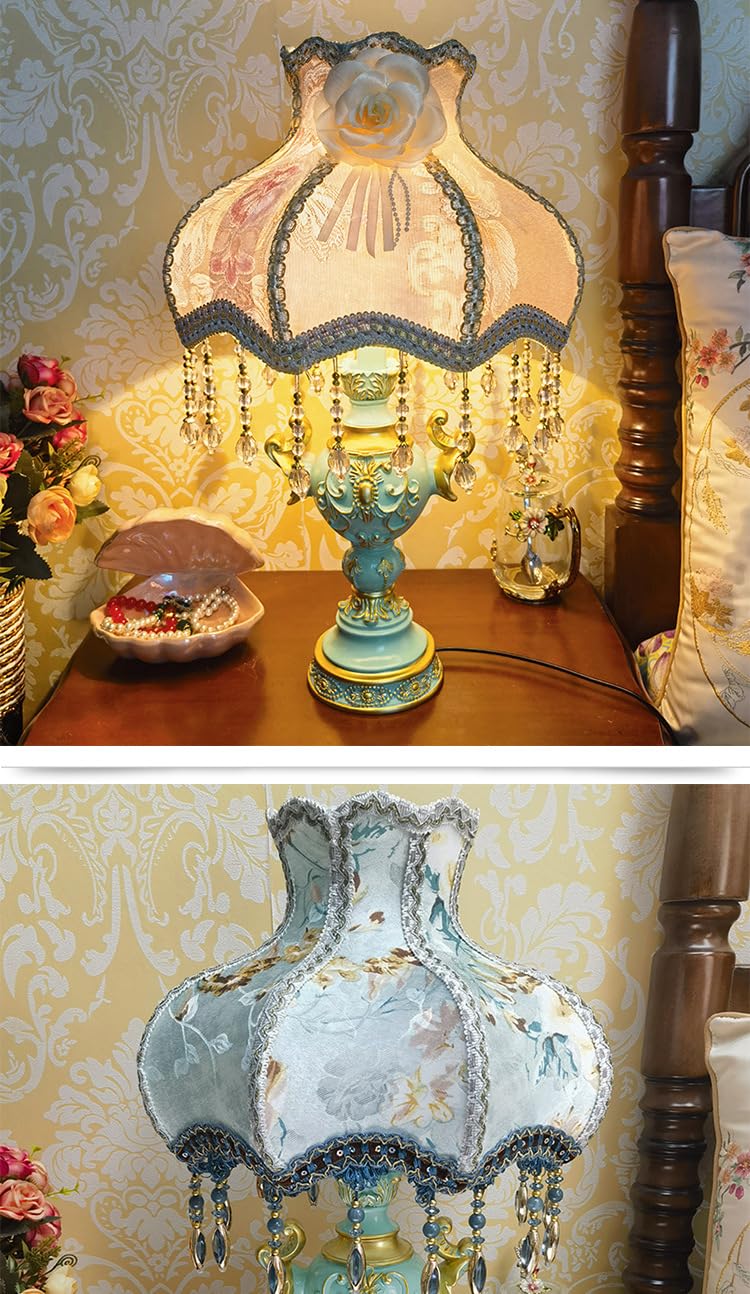 Victorian Style Dimmable Table Lamp - Elegant Jeweled Floral Fabric & Resin Desk Lamp for Living Room, Bedroom, Office | European Inspired Home Decor Lighting