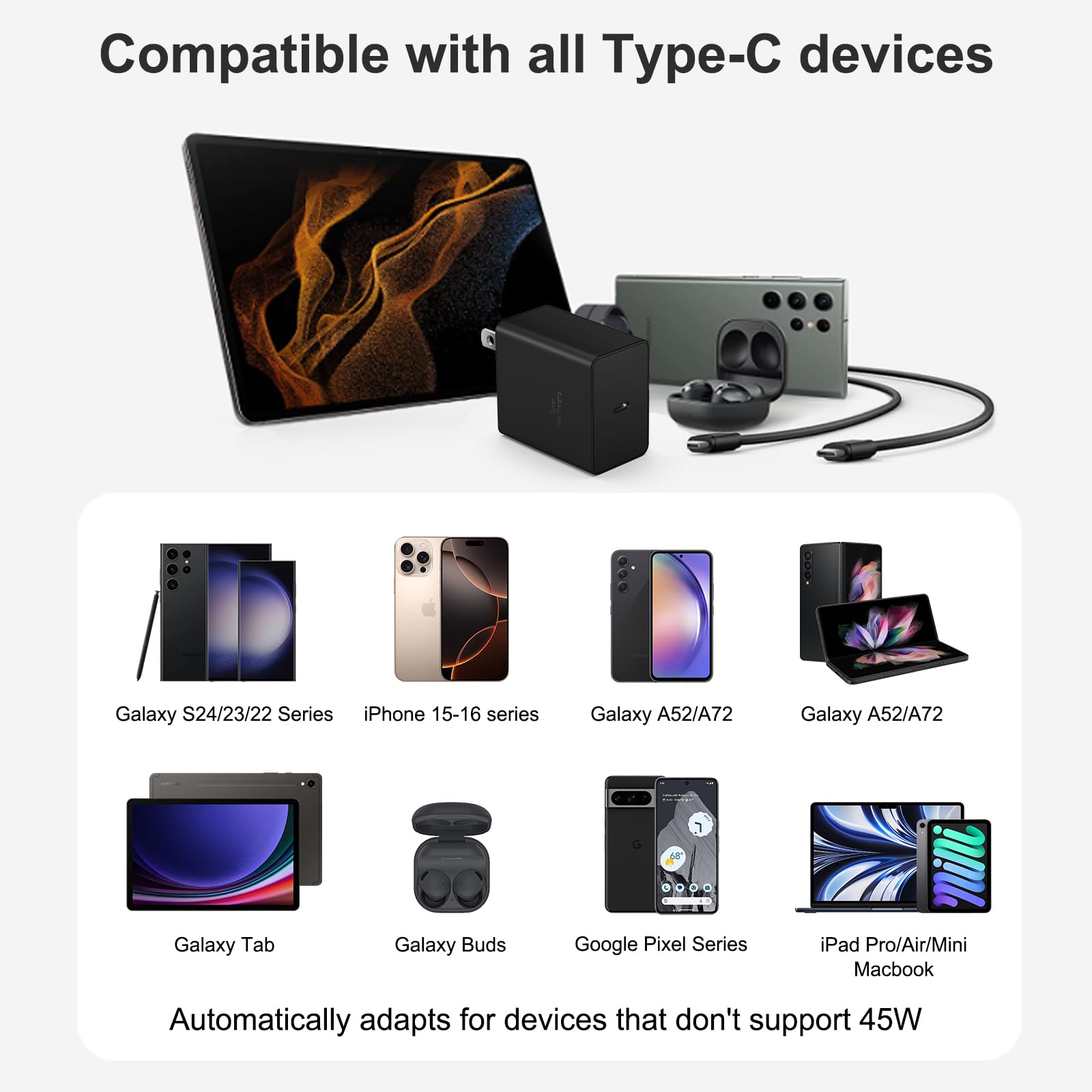 Apple MFi Certified 45W USB-C Fast Charger with 10FT Type-C Cable - Compatible with iPhone 16/15 Series, Galaxy S24/S23 - Perfect for Home, Office & Travel Charging