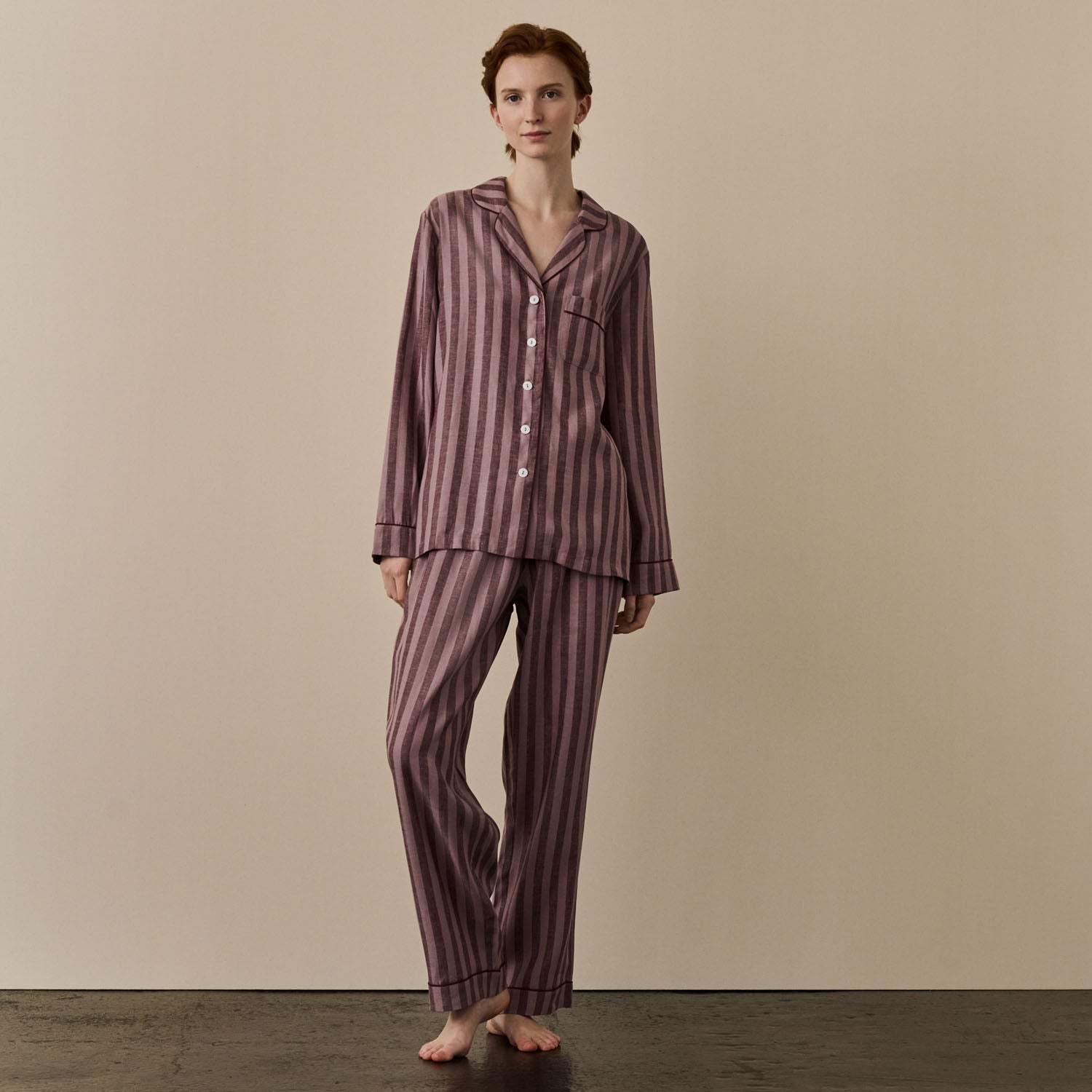 Port & Woodrose Striped Linen Pajama Set for Women - Soft Breathable Sleepwear Lounge Set - Perfect for Relaxing at Home, Vacation & Gift Giving
