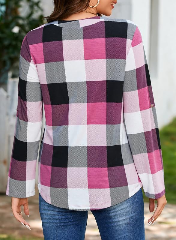 Dokotoo Women's Basic Casual V-Neck Plaid Print Long Sleeve Blouse - Cuffed Work Shirt for Office & Everyday Wear (Sizes S-3XL) | Perfect for Business Casual, Office Outfits & Fall Fashion