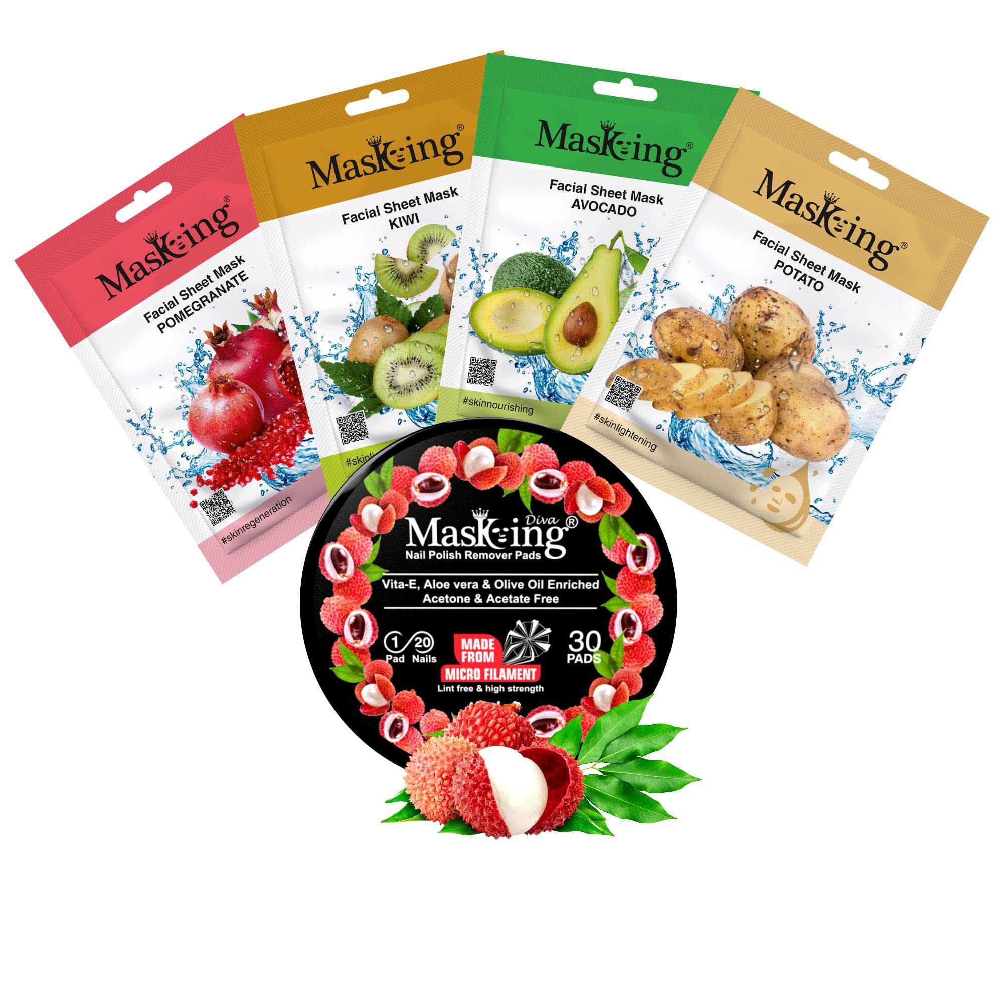 MasKing Beauty Facial Sheet Mask Set - 4 Pack with Pomegranate, Kiwi, Avocado & Potato Extracts for Hydration & Glow | Diva Litchi Nail Polish Remover with 30 Round Pads | Skincare & Nail Care Combo for Spa Day, Self-Care Routine & Gift Ideas