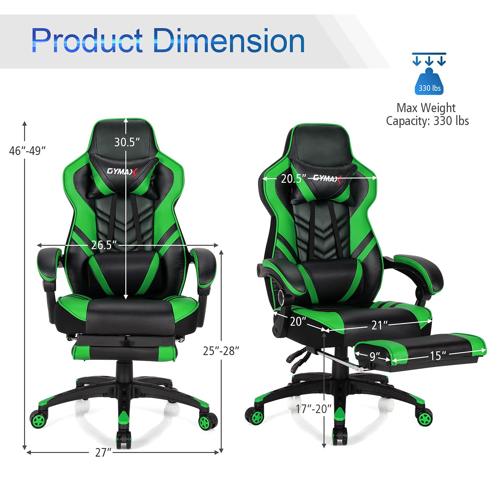 GYMAX Ergonomic Gaming Chair with Footrest, Adjustable Linkage Armrests & Lumbar Support - High Back Reclining Office Computer Chair for Adults & Teens - Perfect for Esports, Streaming & Home Office (Green)