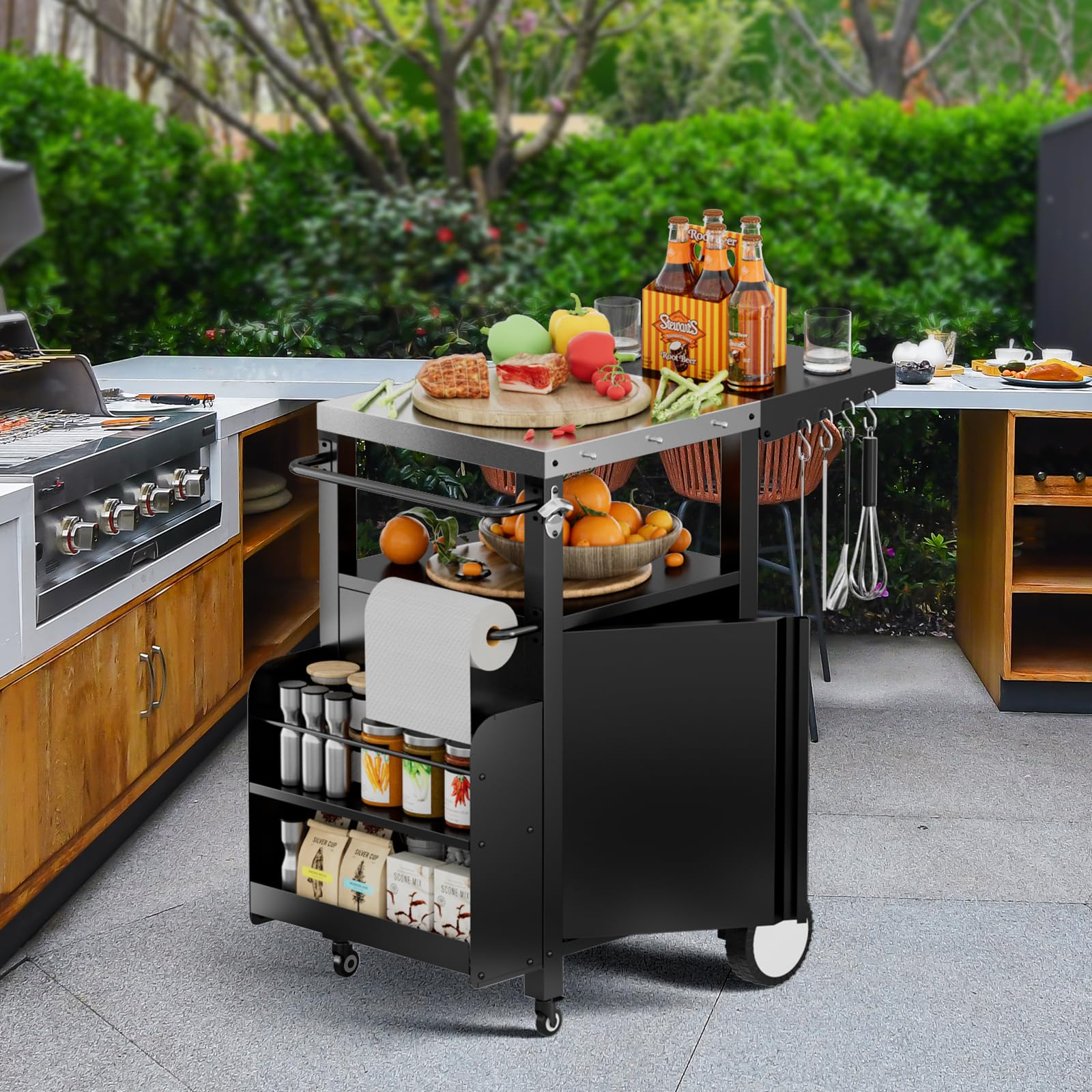 Portable Outdoor Grill Cart with Storage - Modular BBQ Island with Wheels, Waterproof Patio Kitchen Cabinet with Hooks & Spice Rack - Perfect for Backyard Cooking, Camping, and Tailgating Parties