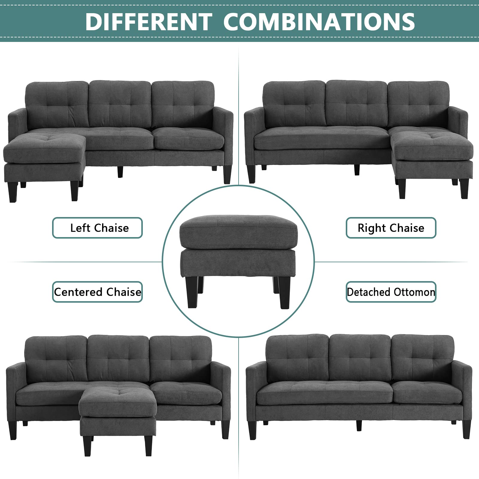 Modern Adjustable L-Shaped Sofa Set - Nordic Style Sectional Couch with Storage for Small Spaces, Grey - Perfect for Apartments, Living Rooms & Home Offices