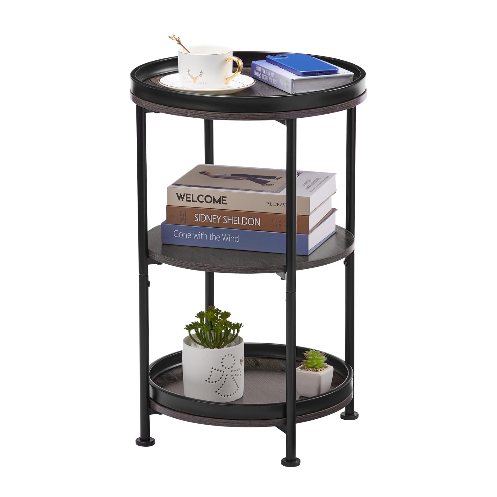 Dulcii Round Side Table with 3 Shelves - Industrial Steel Frame End Table for Living Room, Bedroom, Nightstand - Small Space Sofa Table & Outdoor Coffee Table in Grey - Perfect for Apartments, Dorms, and Patio Decor