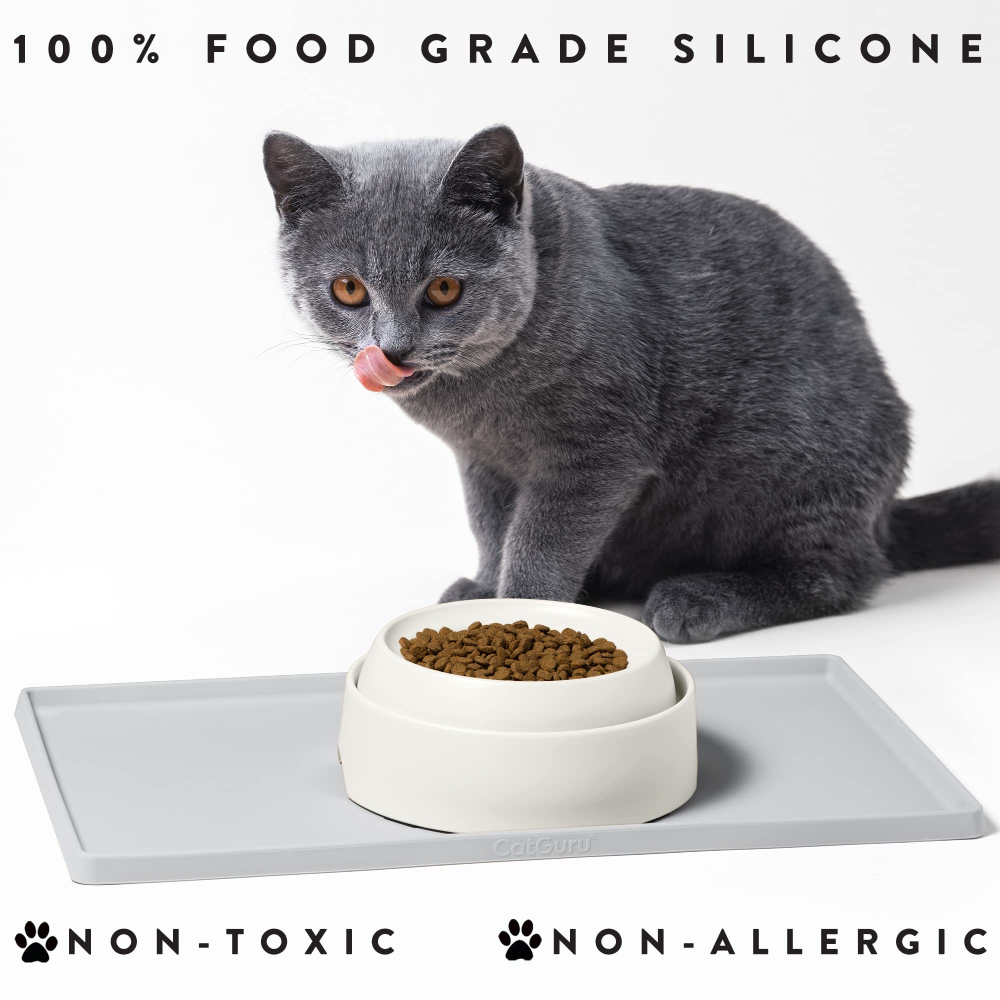 Premium CatGuru Silicone Cat Food Mat - Small & Large Waterproof Pet Feeding Mat for Food & Water Bowls | Non-Slip, Easy Clean Cat Dish Mat | Perfect for Wet Food, Dry Food & Water Fountains (Small, Silver) - Ideal for Kitchen Floors, Feeding Stations & Multi-Cat Households