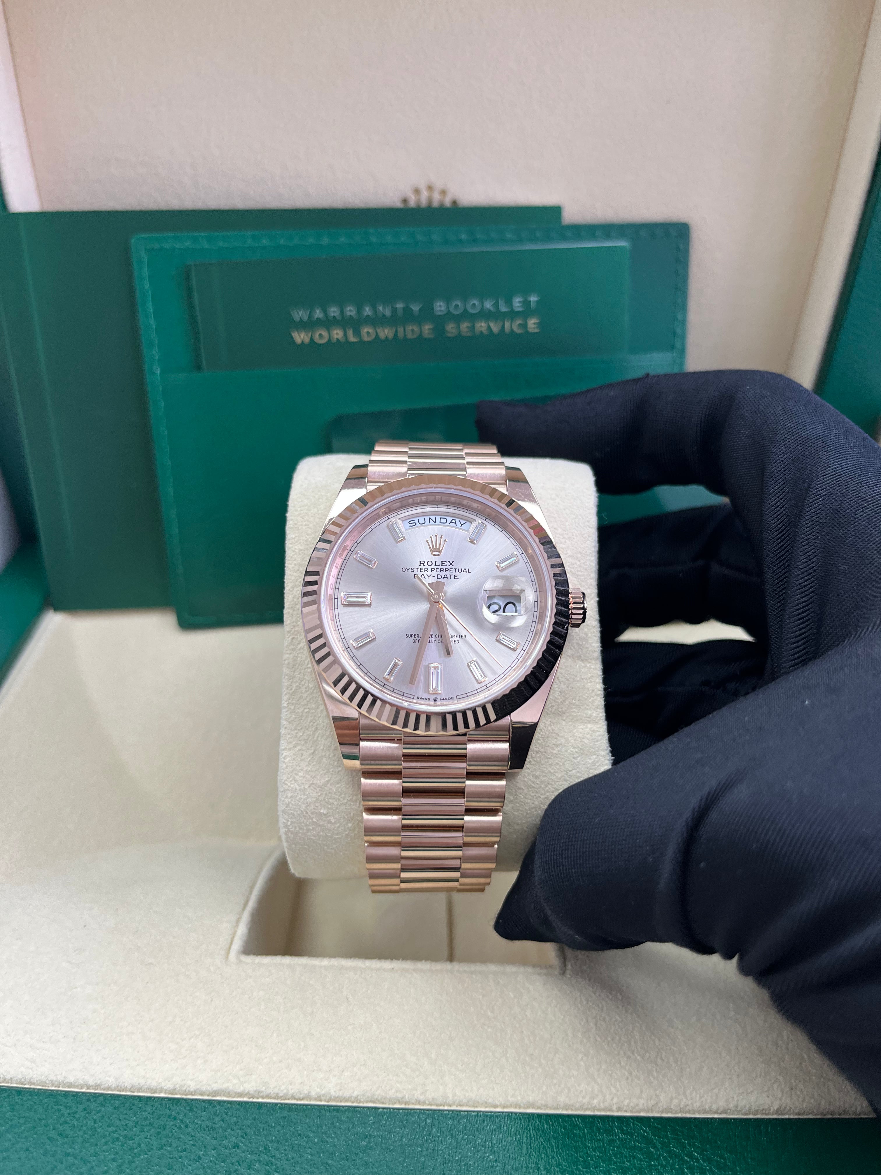 Rolex Day Date 40 Watch - 18K Yellow Gold, Fluted Bezel, Sundust Baguette Diamond Dial, President Bracelet 228235 | Luxury Dress Watch for Business & Formal Occasions
