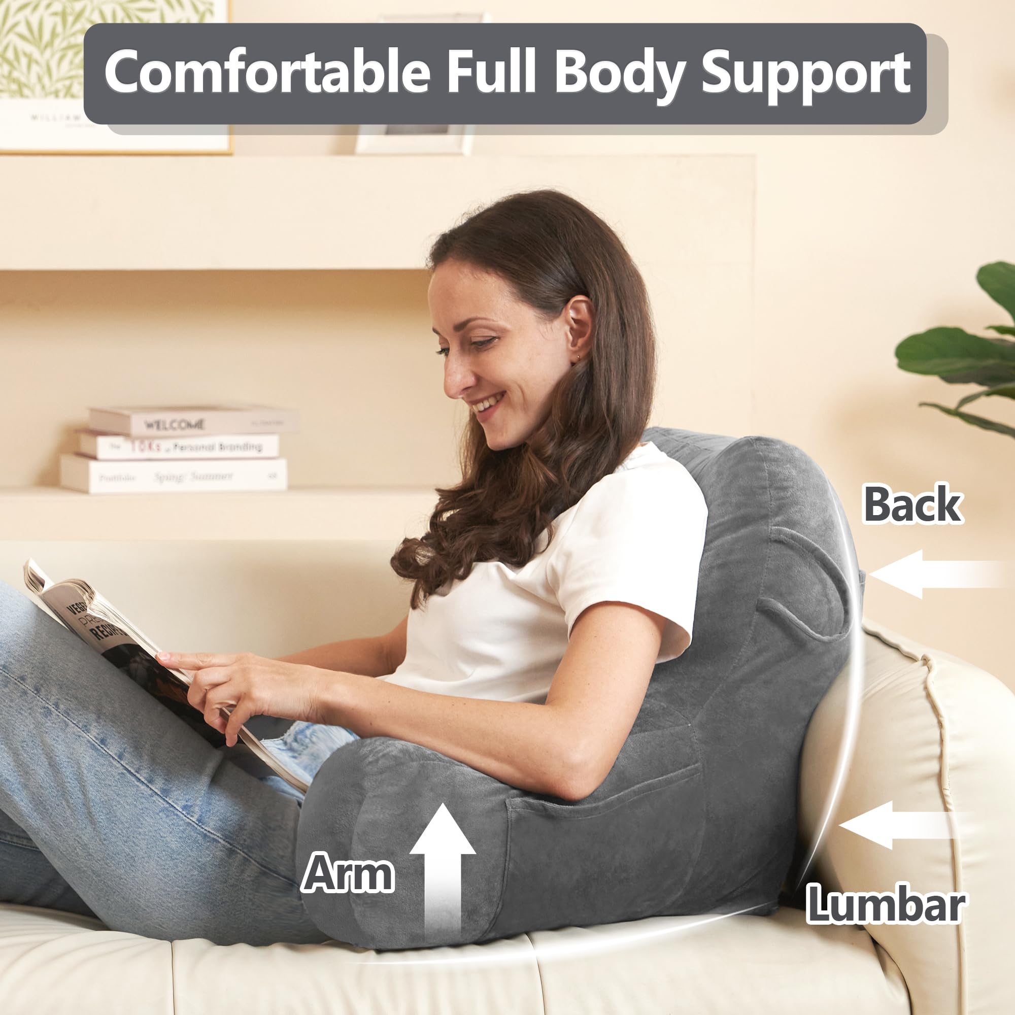 Portable Comfort Reading Pillow for Adults - Grey Bed Pillow with Arms & Pockets, Elastic Sponge Support & Washable Cover - Perfect for Reading, Watching TV, Gaming & Relaxing in Bed or on the Floor