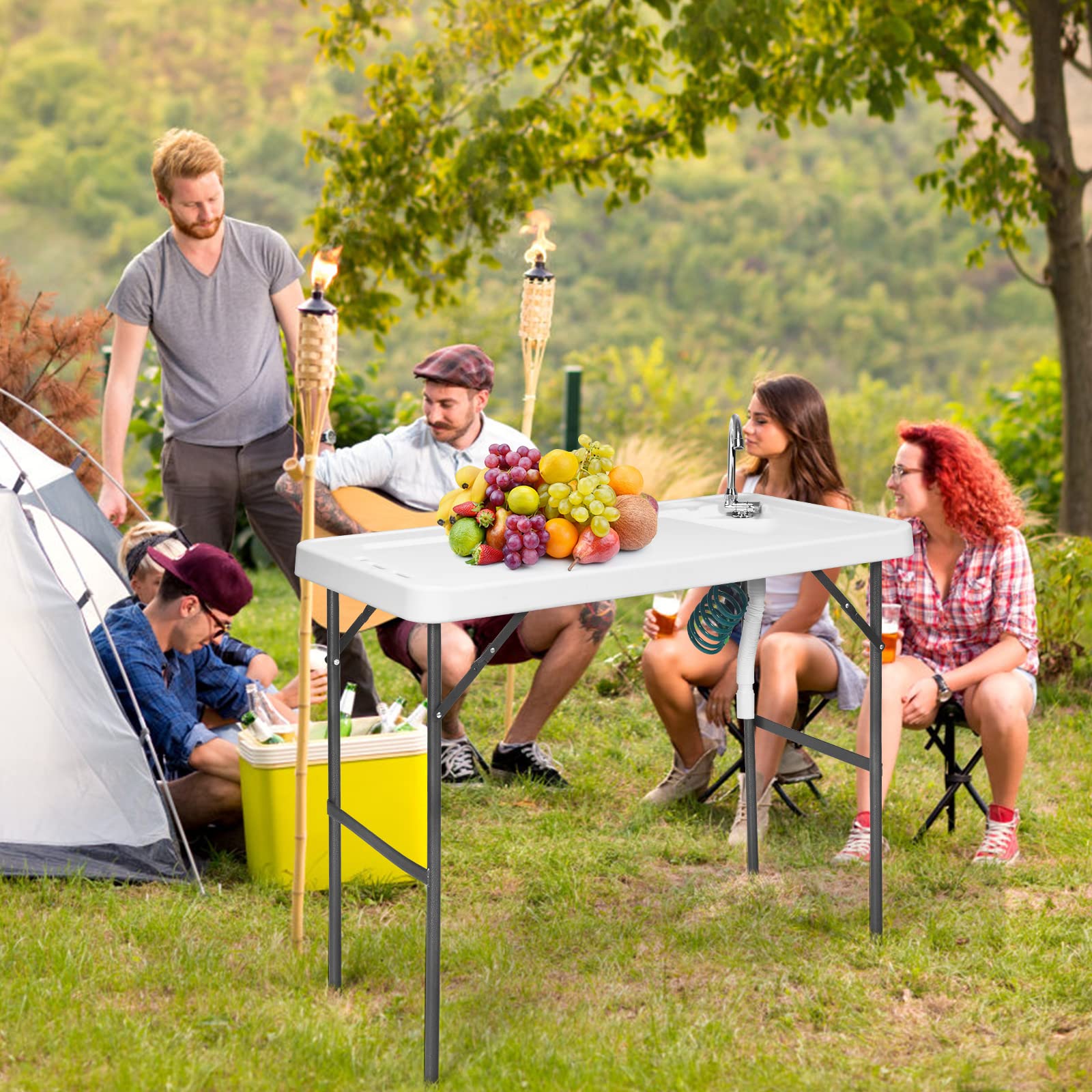 Portable Fish Cleaning Table with Faucet - Foldable Outdoor Camping Sink for Picnic, Fishing & Camping - White | Perfect for Camping Trips, Backyard BBQs & Outdoor Cooking