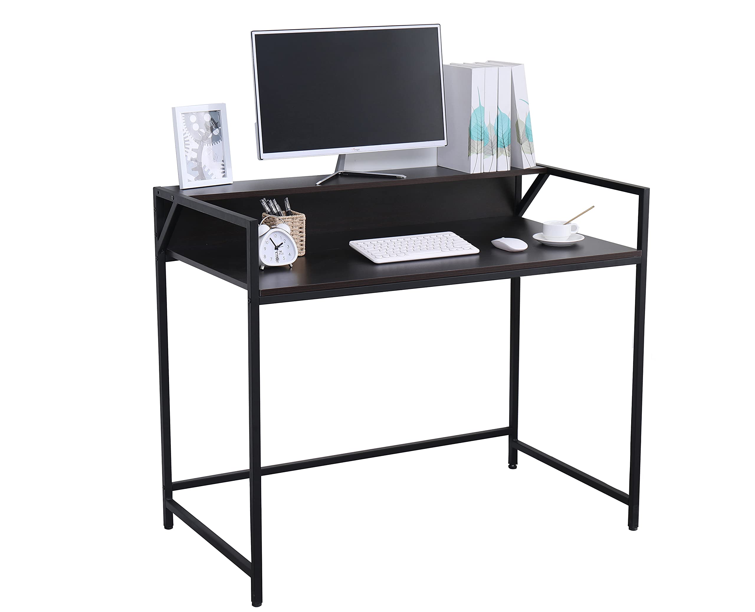 INSTORY 43.5 Inch Home Office Desk - Simple Style Computer Desk, Study Table, Standing Desk, Gaming Desk with Monitor Stand - Dark Brown - Perfect for Remote Work, Online Classes & PC Gaming Setup