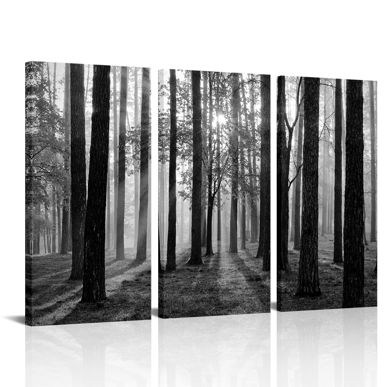 Black and White Forest Wall Art Set - 3 Piece Framed Canvas Prints, Foggy Forest Pictures for Living Room & Home Decor | Nature-Inspired Wall Art for Bedroom, Office & Modern Interior Design