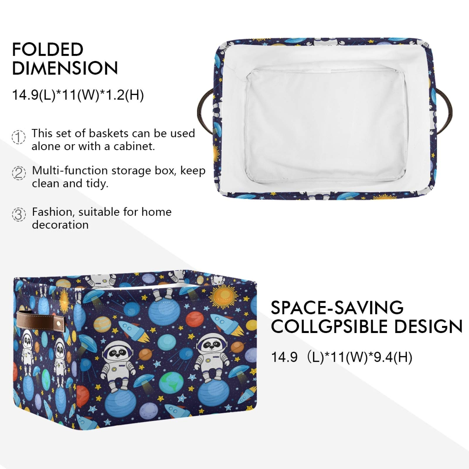 AUUXVA Collapsible Canvas Storage Basket with Panda Astronaut & Space Design - Durable Toy Organizer Bin with Handles for Bedroom, Closet, Office & Kids Room | Space-Themed Storage Solution for Toys, Books & Home Organization