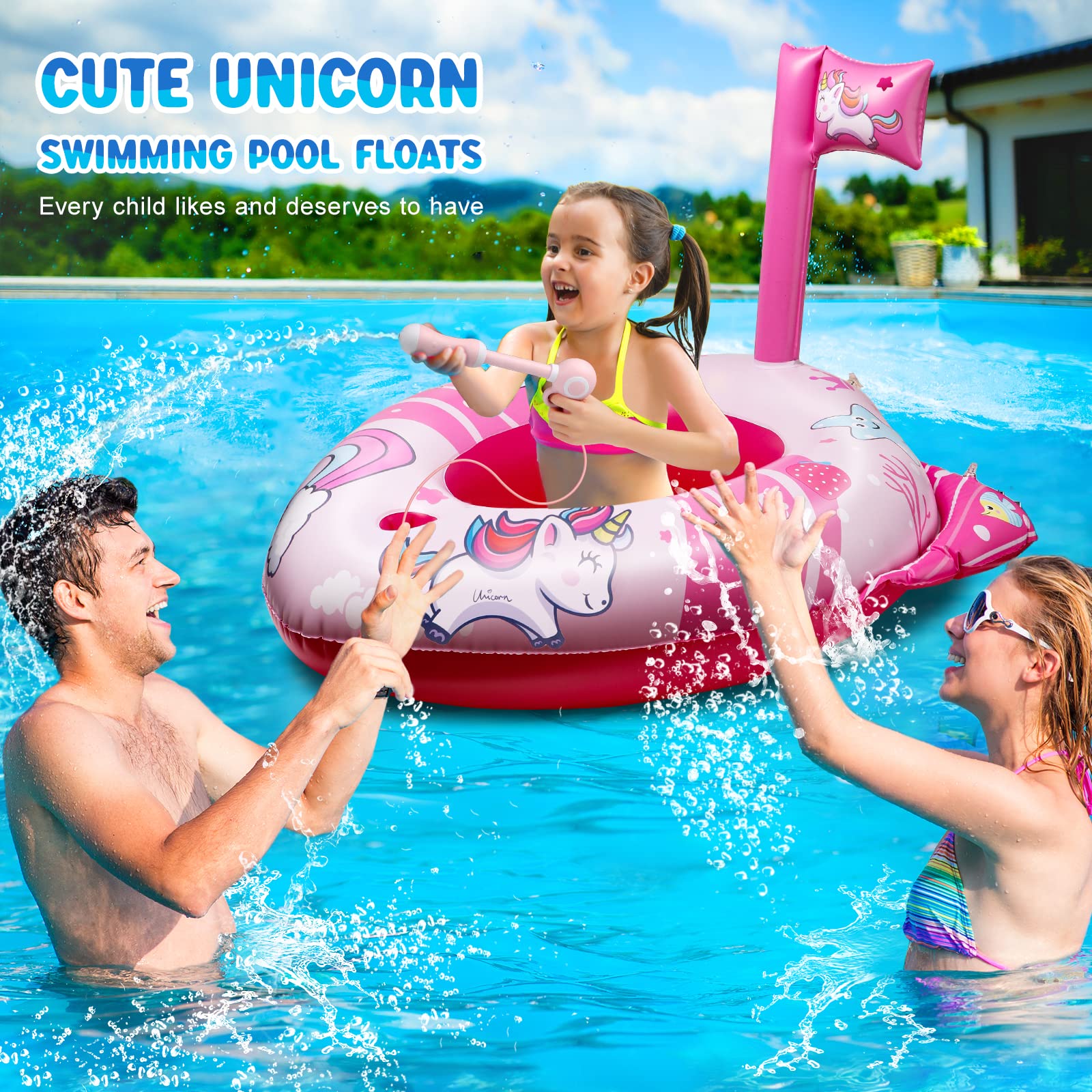 HopeRock Unicorn Pool Floats with Water Gun - Inflatable Swimming Pool Toys for Toddlers & Kids Ages 3-8 - Fun Summer Water Play for Girls, Beach Parties & Backyard Pools