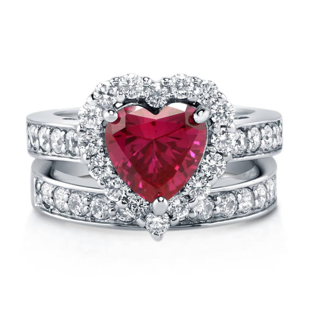 BERRICLE Sterling Silver Halo Wedding & Engagement Ring Set - Simulated Ruby Heart Shape Cubic Zirconia CZ Statement Ring for Women, Rhodium Plated Size 4-10 | Perfect for Valentine's Day, Anniversary Gifts & Romantic Proposals