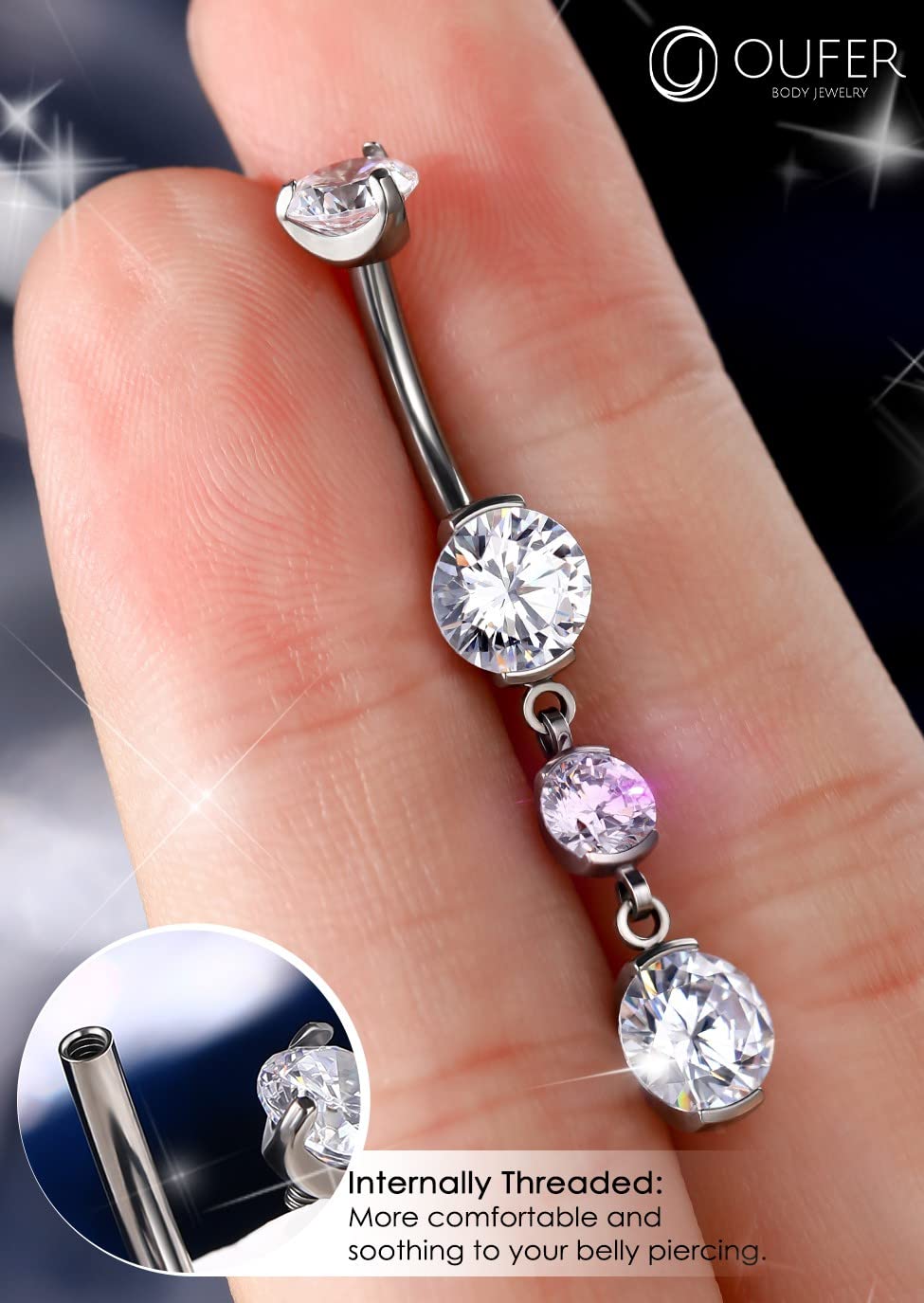 OUFER Titanium Belly Button Rings - 14G Internally Threaded Dangling Navel Piercing Jewelry with Clear CZ for Women & Men | Perfect for Everyday Wear, Parties and Body Piercing Fashion