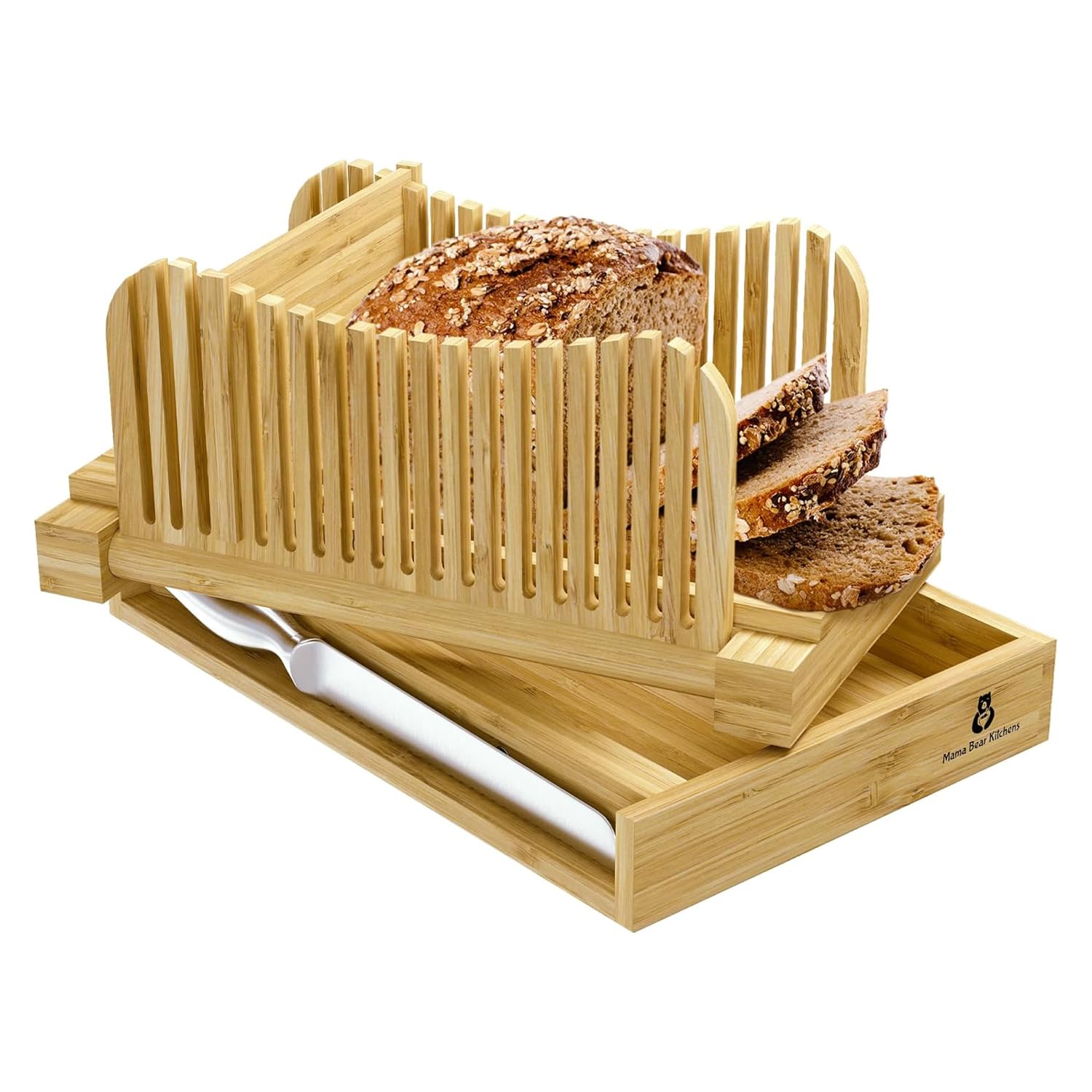 Premium Bamboo Bread Slicer with Stainless Steel Knife - Adjustable Durable Loaf Cutter Guide with Crumb Tray - Foldable, Easy to Clean & Store - Perfect for Homemade Bread, Sandwiches & Toast Preparation