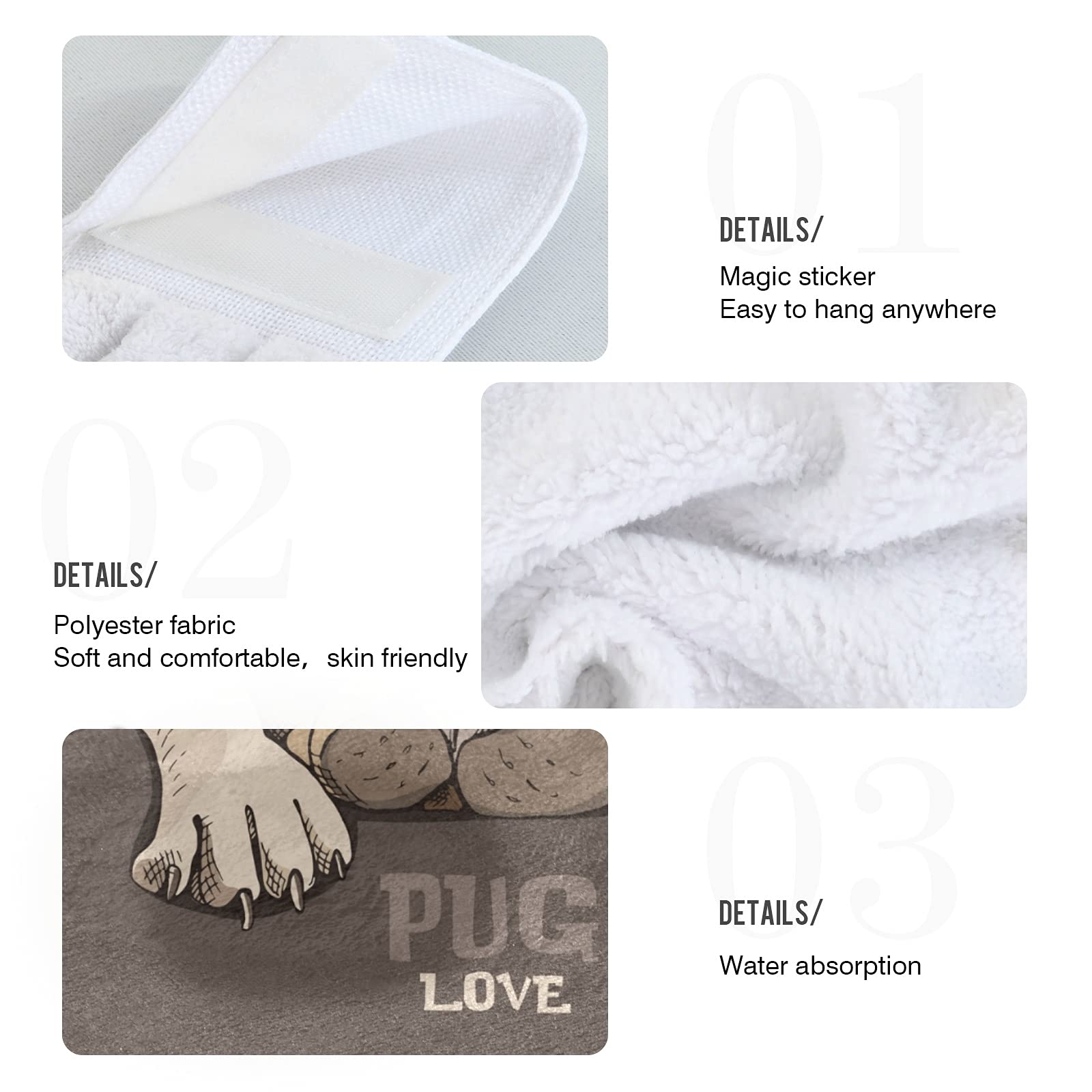 Funny Pug Puppy Kitchen Towels Set of 2 - Cute Dog Design Hand Towels for Kitchen & Bathroom Decor - Absorbent Wash Cloths for Cooking, Cleaning and Home Decor