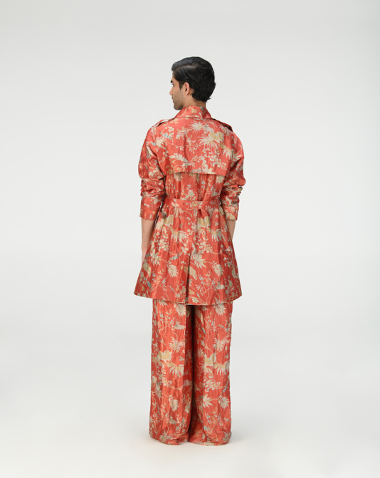 Elegant Red Silk Brocade Trench Coat for Women - Vintage Style Outerwear for Fall, Winter & Special Occasions