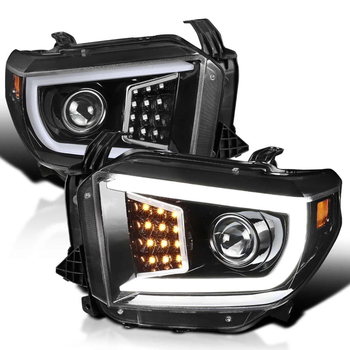 Spec-D Tuning Jet Black Projector Headlights with LED Light Bar - Compatible with 2014-2021 Toyota Tundra - Left & Right Pair Headlamp Assembly - Upgrade for Off-Road & Night Driving Visibility