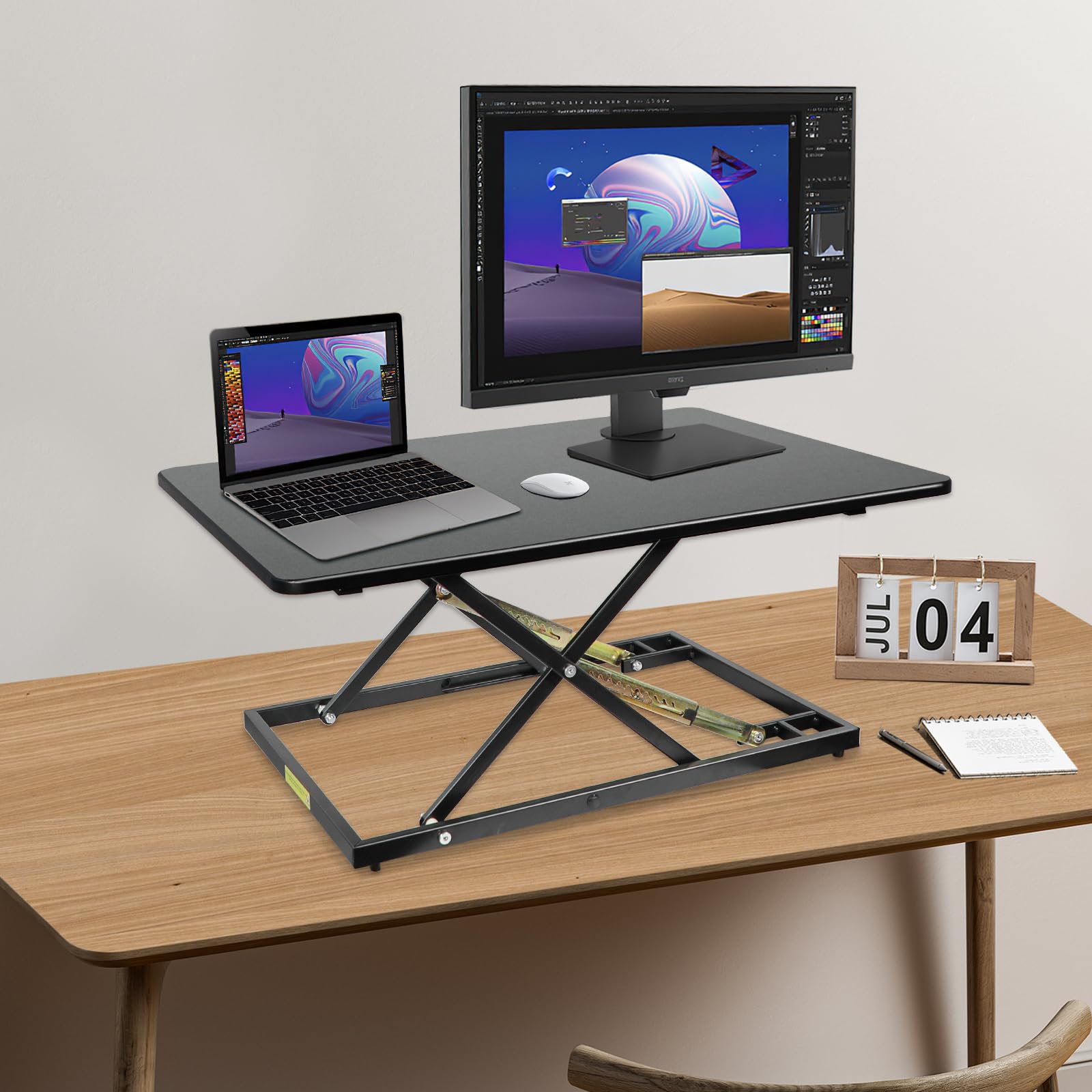 32in Height Adjustable Standing Desk Converter - Sit Stand Workstation for Home Office, Fully Assembled Monitor & Laptop Riser (Black) | Perfect for Ergonomic Work Setup, Video Conferencing and Dual Monitor Workspaces