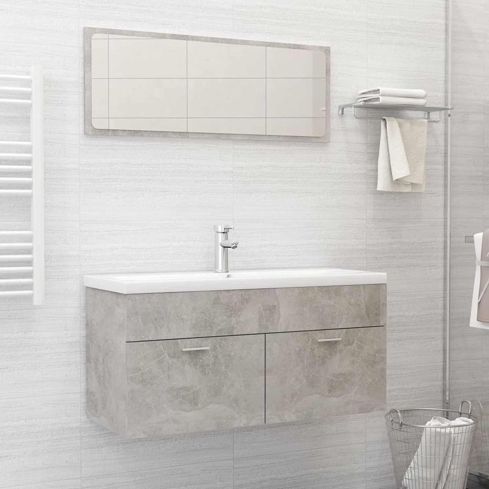 Festnight 2-Piece Bathroom Vanity Set with Mirror & Storage Cabinet - Modern Concrete Gray Chipboard Design for Small Bathroom Organization & Decor
