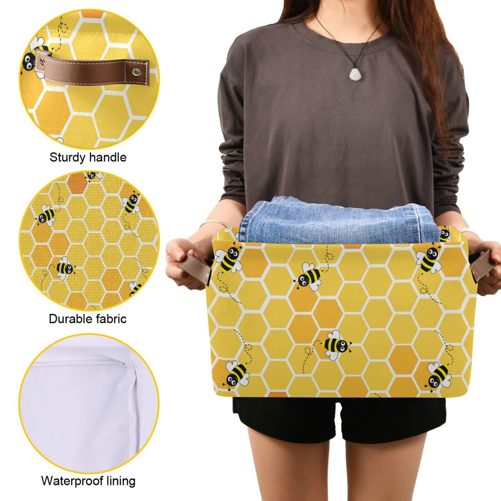 Honey Bee Collapsible Storage Basket with Leather Handles - Foldable Rectangular Storage Bin for Home, Nursery, Car & Office Organization | Space-Saving Home Decor & Toy Storage Solution