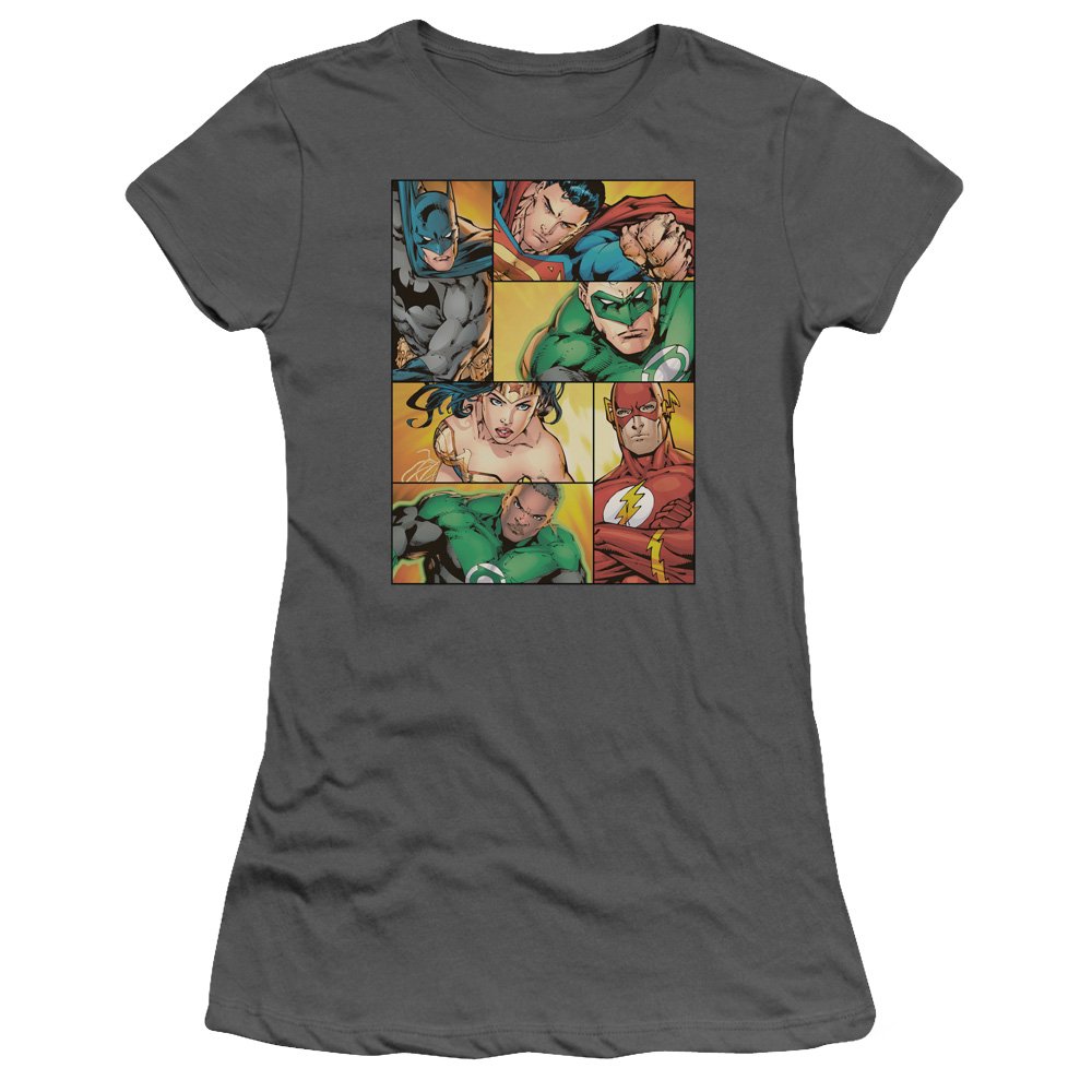 Trevco JLA Hero Boxes Juniors' Sheer Fitted T-Shirt | Superhero Graphic Tee for Women & Girls | Perfect for Cosplay, Comic Con & Casual Wear