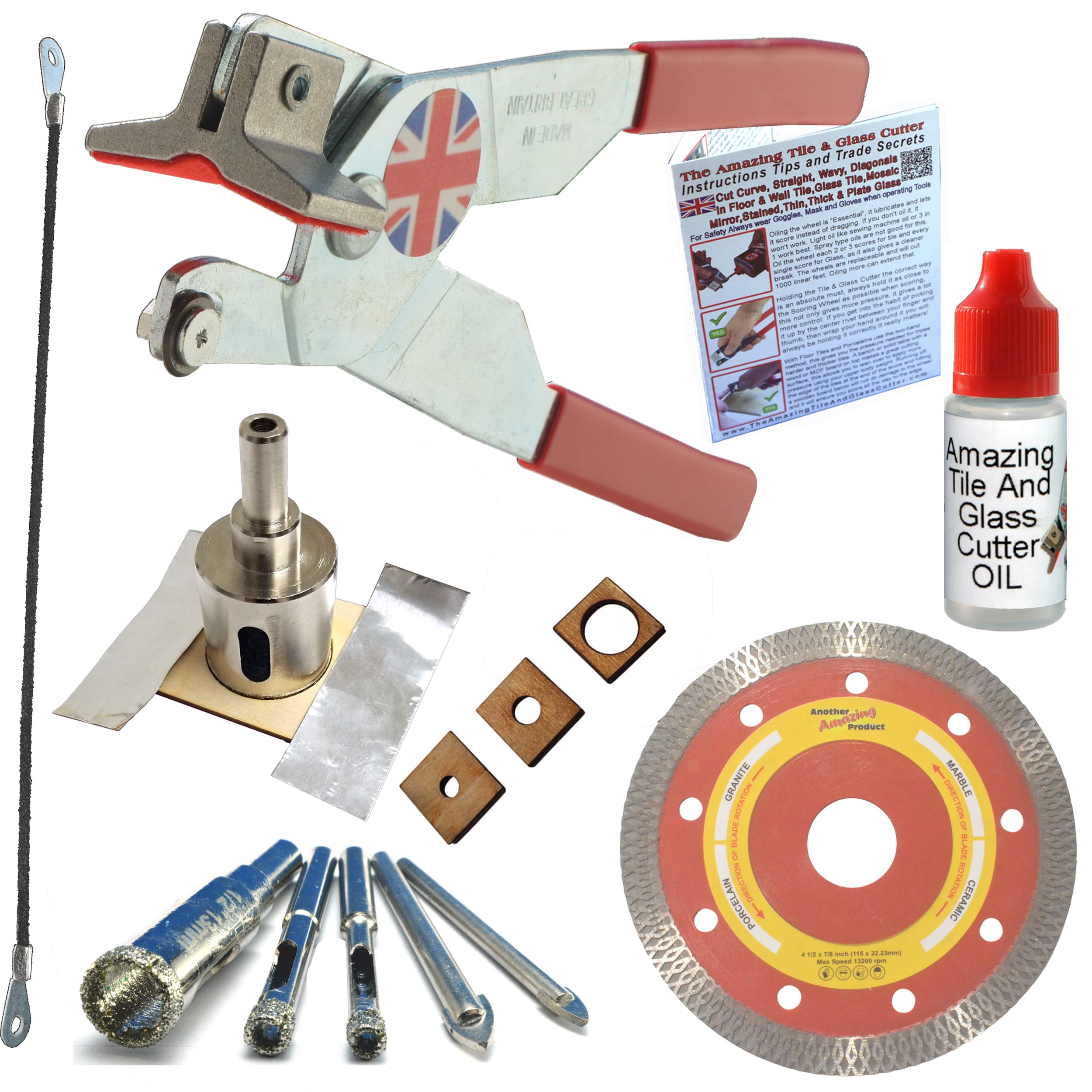 Premium Diamond Tile Cutter Hand Tool Kit - 3 Porcelain Drill Bits, Ceramic Tile Drills, Diamond Hole Saw, Carbide Hacksaw Blade & Notching Tile Saw for Perfect Box Cutouts & Corner Cuts | Ideal for DIY Home Renovation, Bathroom Tiling & Kitchen Backsplash Installation