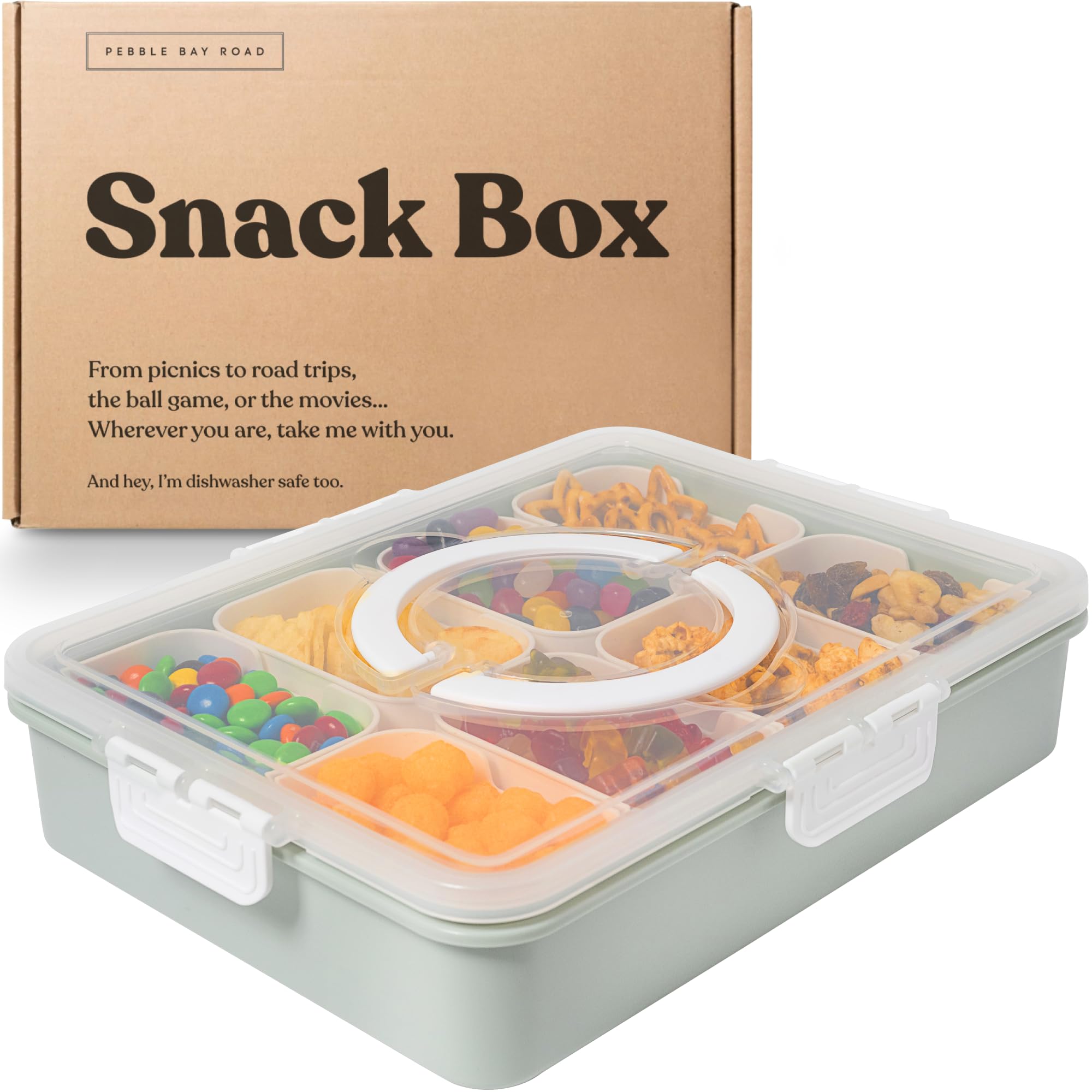 2025 Upgraded Dishwasher Safe Snack Box with Lid & Handle - 3-Compartment Divided Serving Tray for Charcuterie, Candy, Fruits, Nuts - Perfect for Picnics, Road Trips, Parties & Travel - BPA-Free Food Storage Container - Ideal for Home, Office & Outdoor Use (Sage Green)