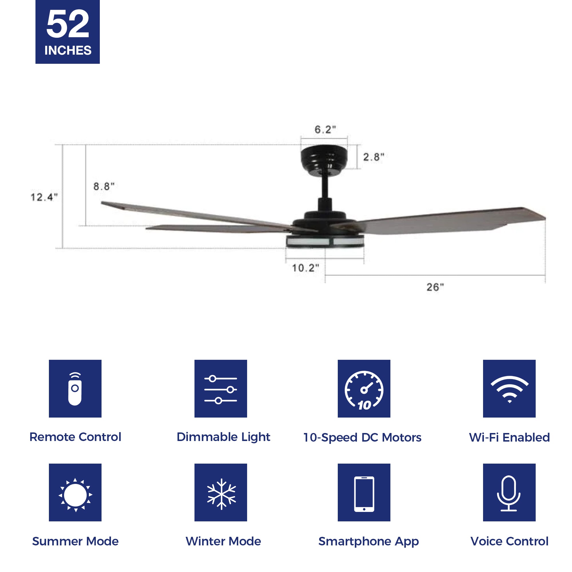 52 Inch Explorer Smart Fan with LED Light & Remote Control - Perfect for Outdoor Patio, Indoor Living Room & Bedroom Cooling