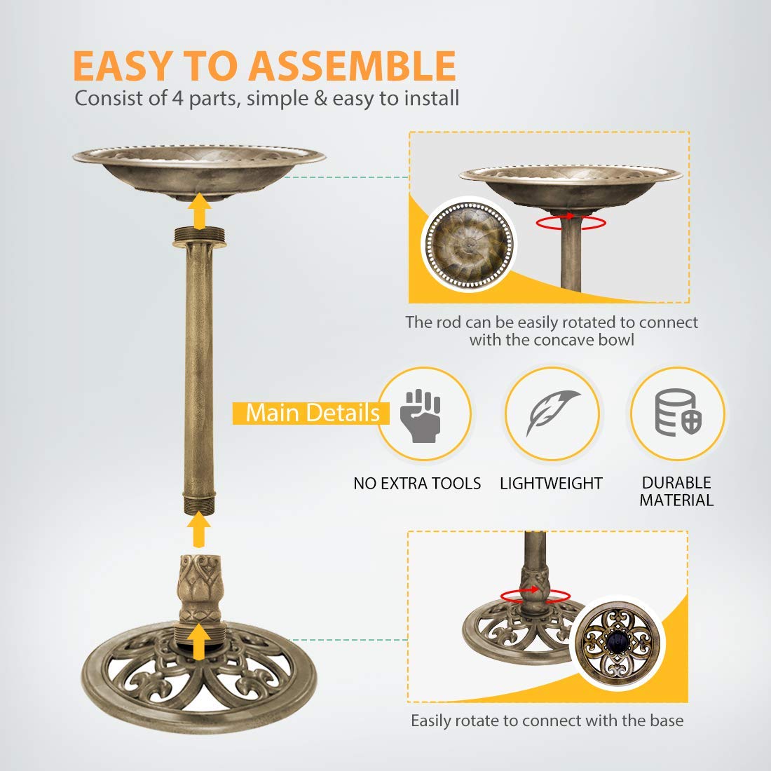 VIVOHOME Antique Outdoor Copper Garden Bird Bath with Solar Powered Fountain - 28 Inch Polyresin Birdbath & Pond Combo Set for Patio, Lawn, and Backyard Decor
