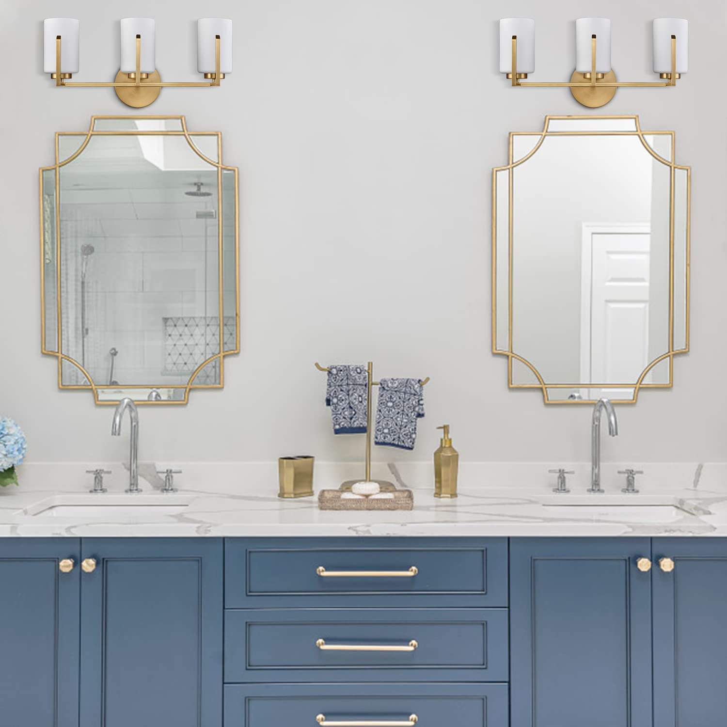 3-Light Bathroom Vanity Lighting - Modern Farmhouse Gold Wall Sconce with Opal Glass Shades, Elegant Mirror Lights for Bathroom Decor (Gold Finish) | Perfect for Bathroom, Powder Room, and Dressing Room Lighting
