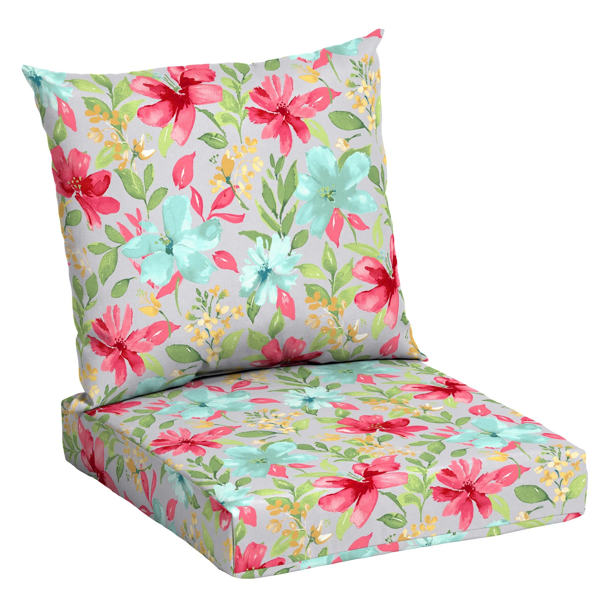 Outdoor Patio Cushion Set - 2 Piece Deep Seat Cushions with Light Gray Multi Floral Garden Design (45
