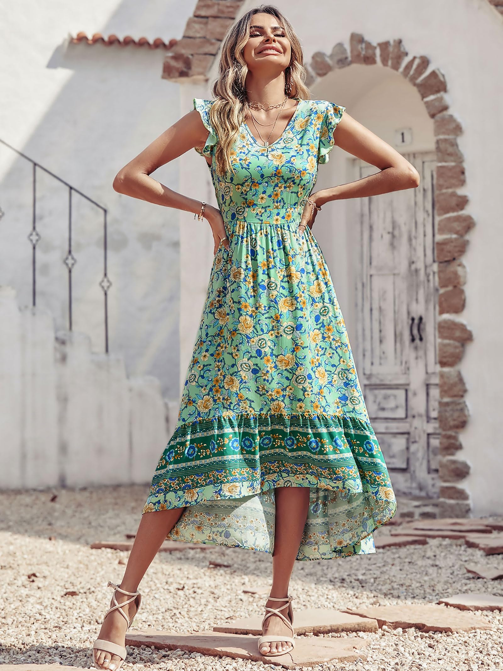 PRETTYGARDEN Women's Summer Maxi Dress 2025 - Floral Print V-Neck Boho Beach Dress with Cap Sleeves, Flowy High-Low Hem in Green & Yellow | Perfect for Vacations, Beach Parties and Casual Outings