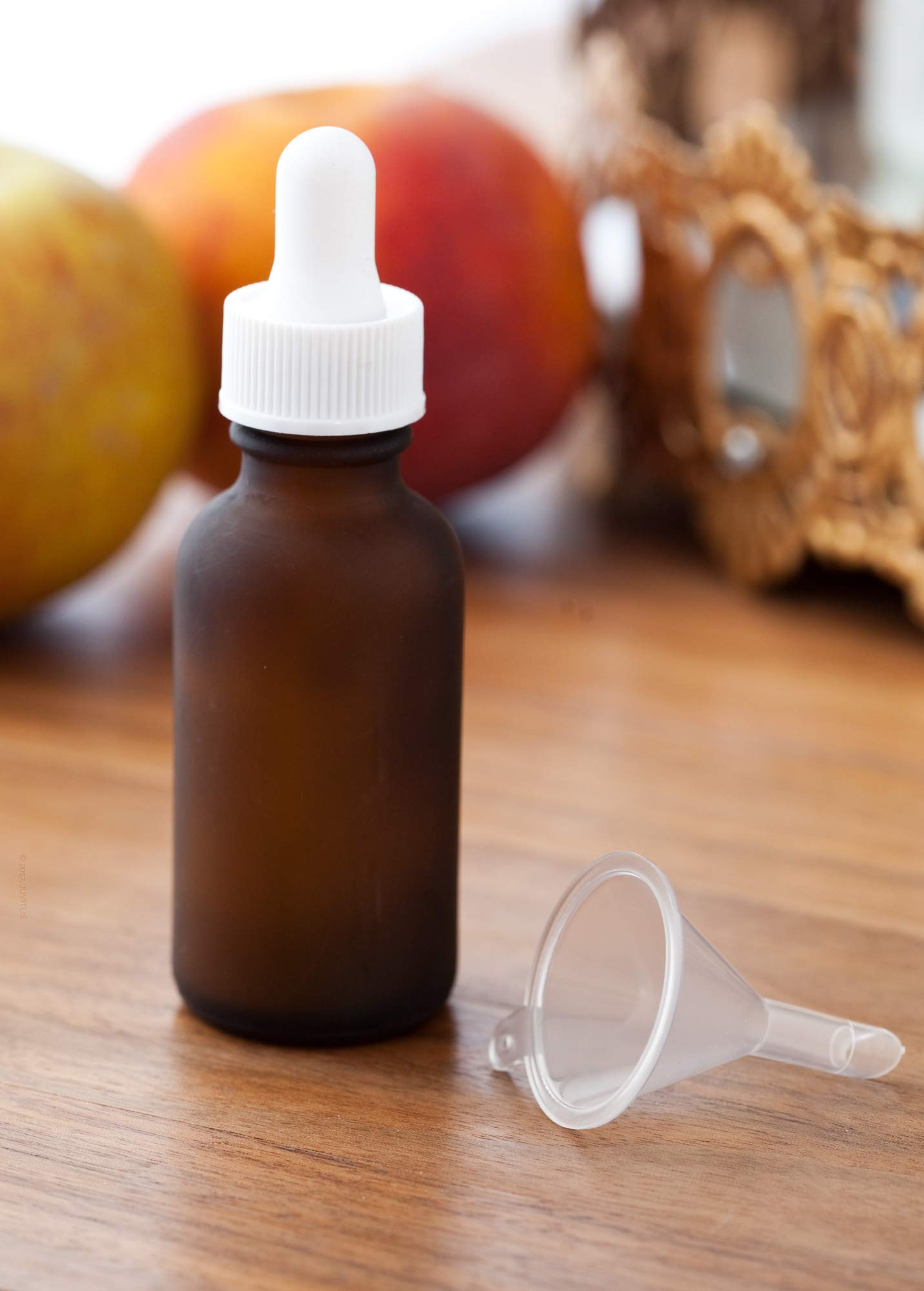 JUVITUS 1 oz (30 ml) Frosted Amber Glass Boston Round Bottle with White Dropper - 24 Pack + Bonus Funnel for Essential Oils, DIY Beauty, and Travel-Sized Liquids