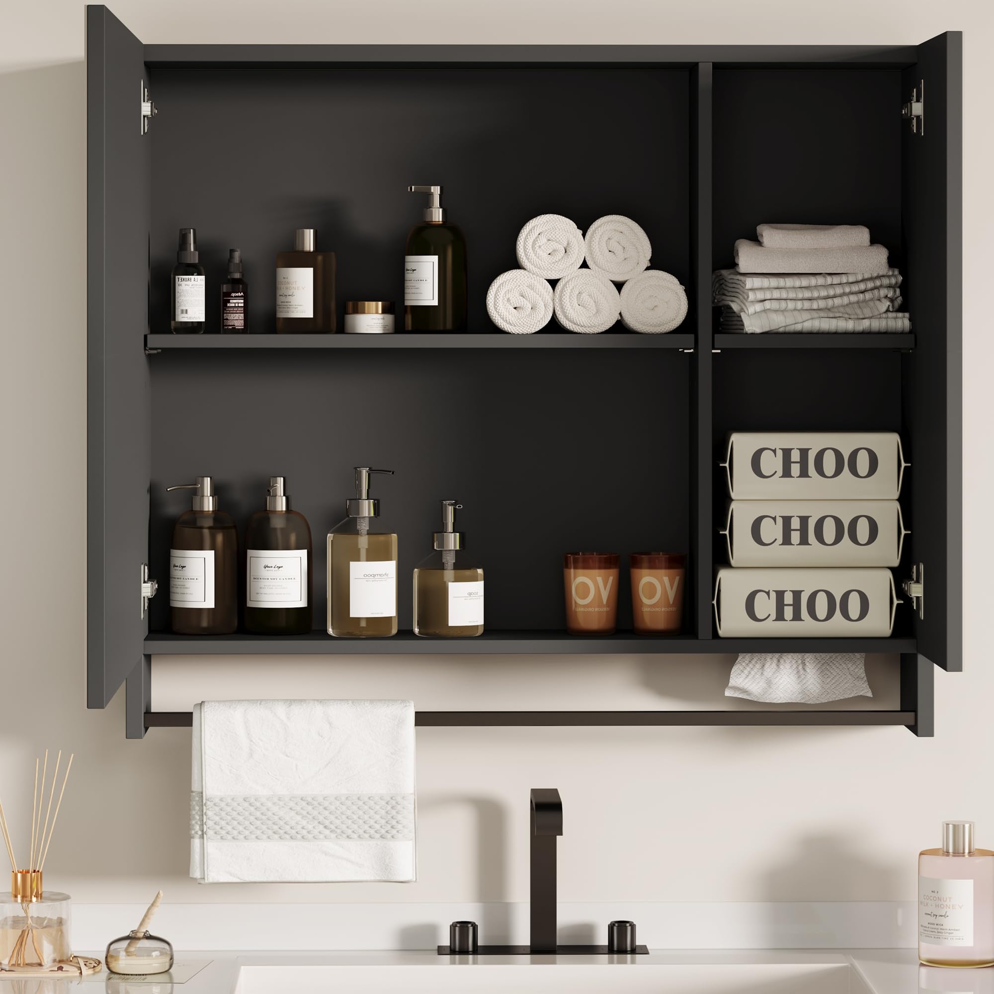 ChooChoo LED Medicine Cabinet with Mirror - Wall Mounted Bathroom Storage with Adjustable Shelves & Towel Bar, Black - Perfect for Modern Bathrooms & Vanity Organization