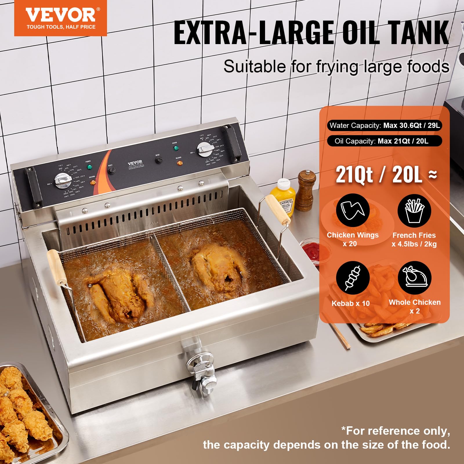 VEVOR 3000W Commercial Deep Fryer with Basket - 30.6Qt/29L Large Capacity Electric Turkey Fryer, Stainless Steel Countertop Oil Fryer with Temperature Control - Perfect for Restaurants, Catering & Home Kitchen Use