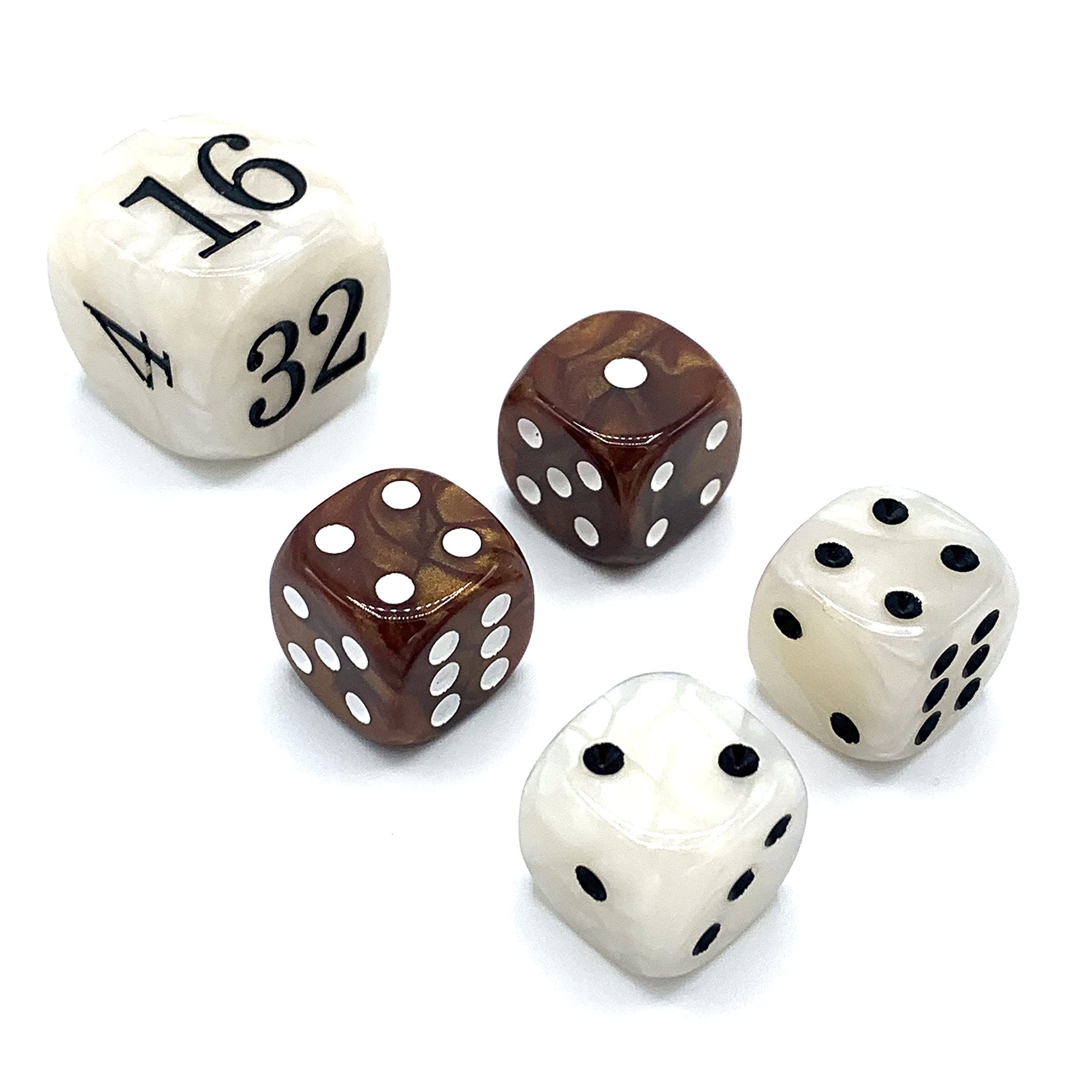 Luck Lab Backgammon Pearl Dice Set - 22mm Doubling Cube & 4x16mm Dice with Storage Pouch, Brown/White Marble - Perfect for Board Games, Travel & Gifts