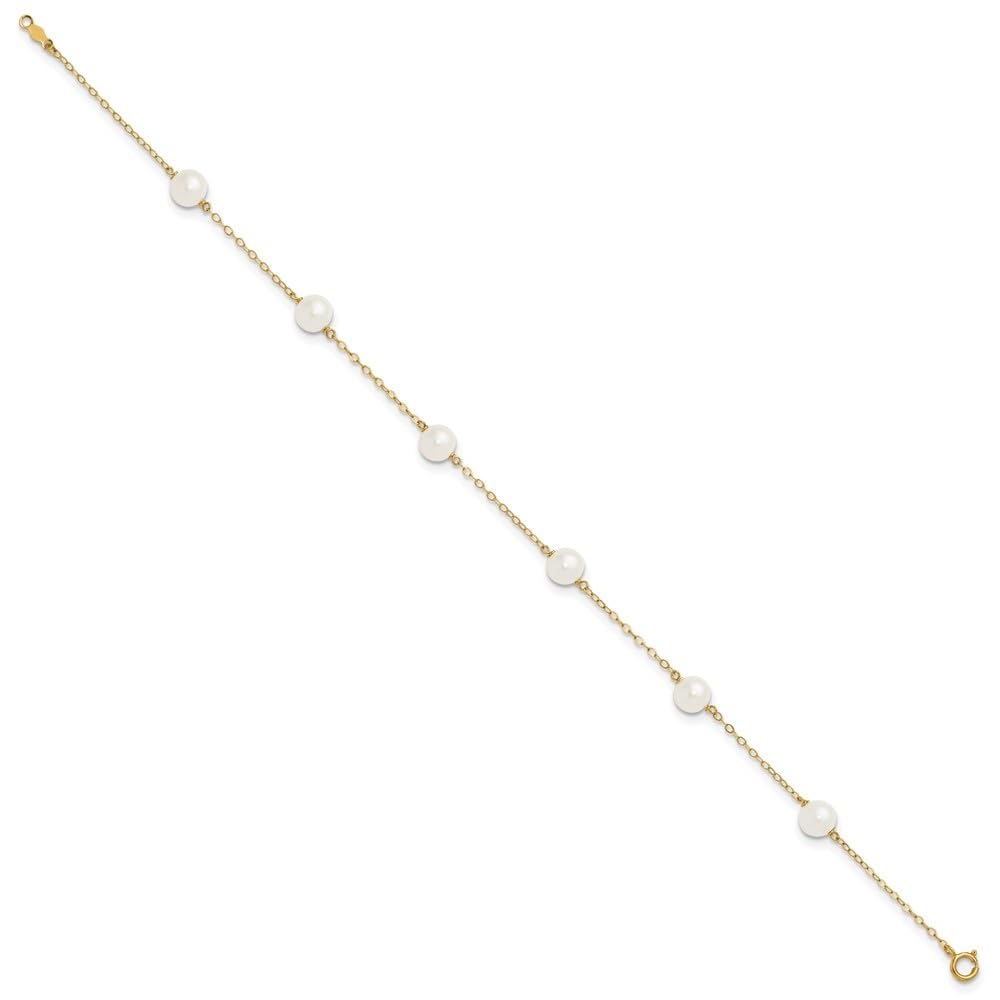 14K Yellow Gold 7mm White Pearl Anklet Bracelet - 9