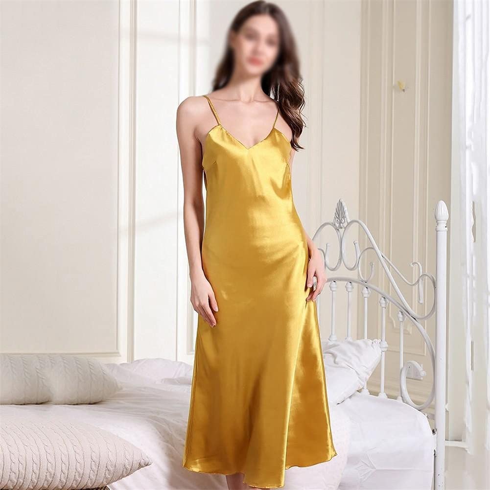 Women's Satin Sleepwear - Sexy Long V-Neck Nightgown with Suspender Skirt | Summer Bathrobe Nightdress in Gold (Size M) | Perfect for Spa Days, Bridal Lingerie & Romantic Evenings