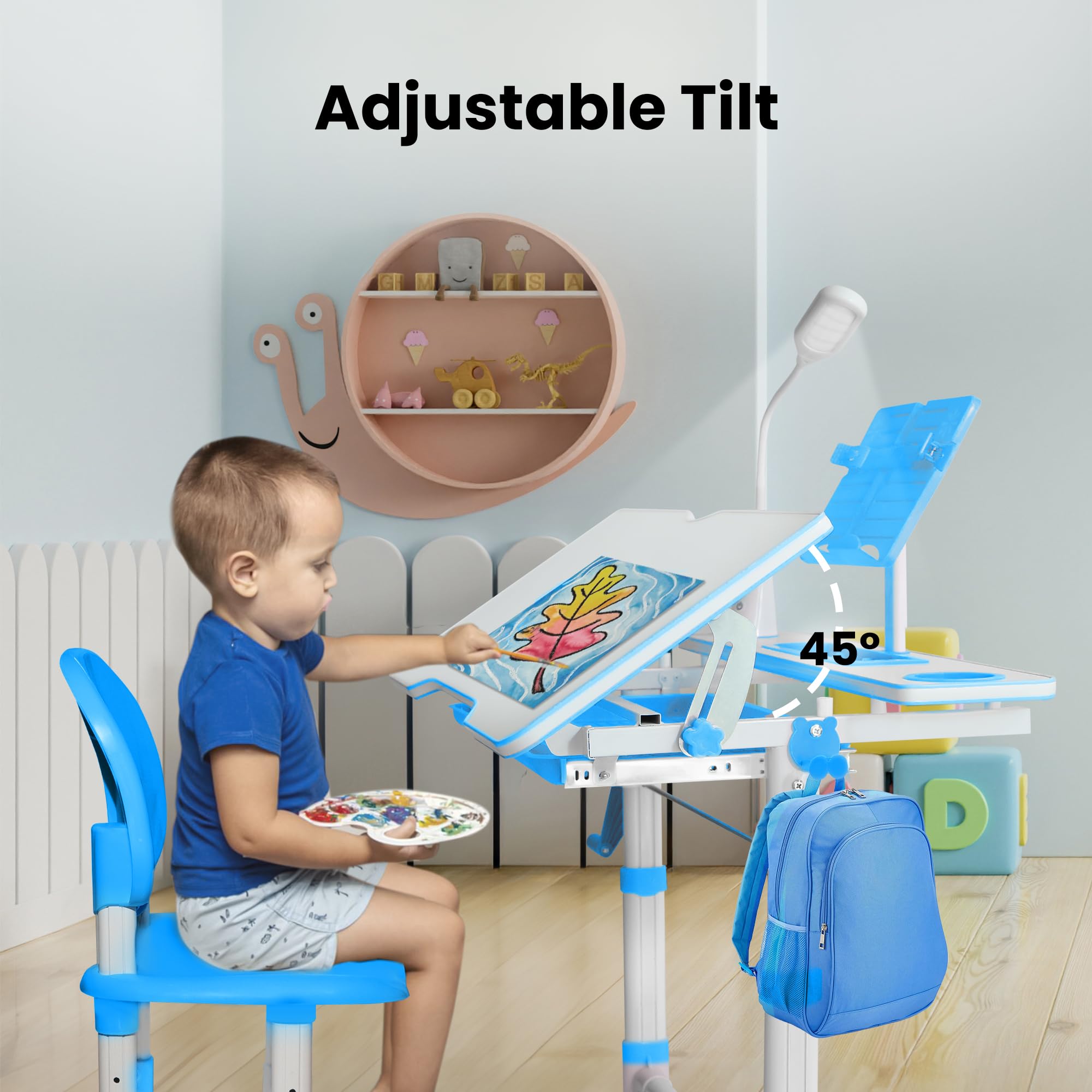 Gorilla Gadgets Adjustable Kids Table and Chair Set - Height Adjustable Children's Study Desk with Night Light for Bedroom, Playroom & Homeschooling (DSK-Kids-BLU) - Perfect for Learning, Drawing & Playtime Activities