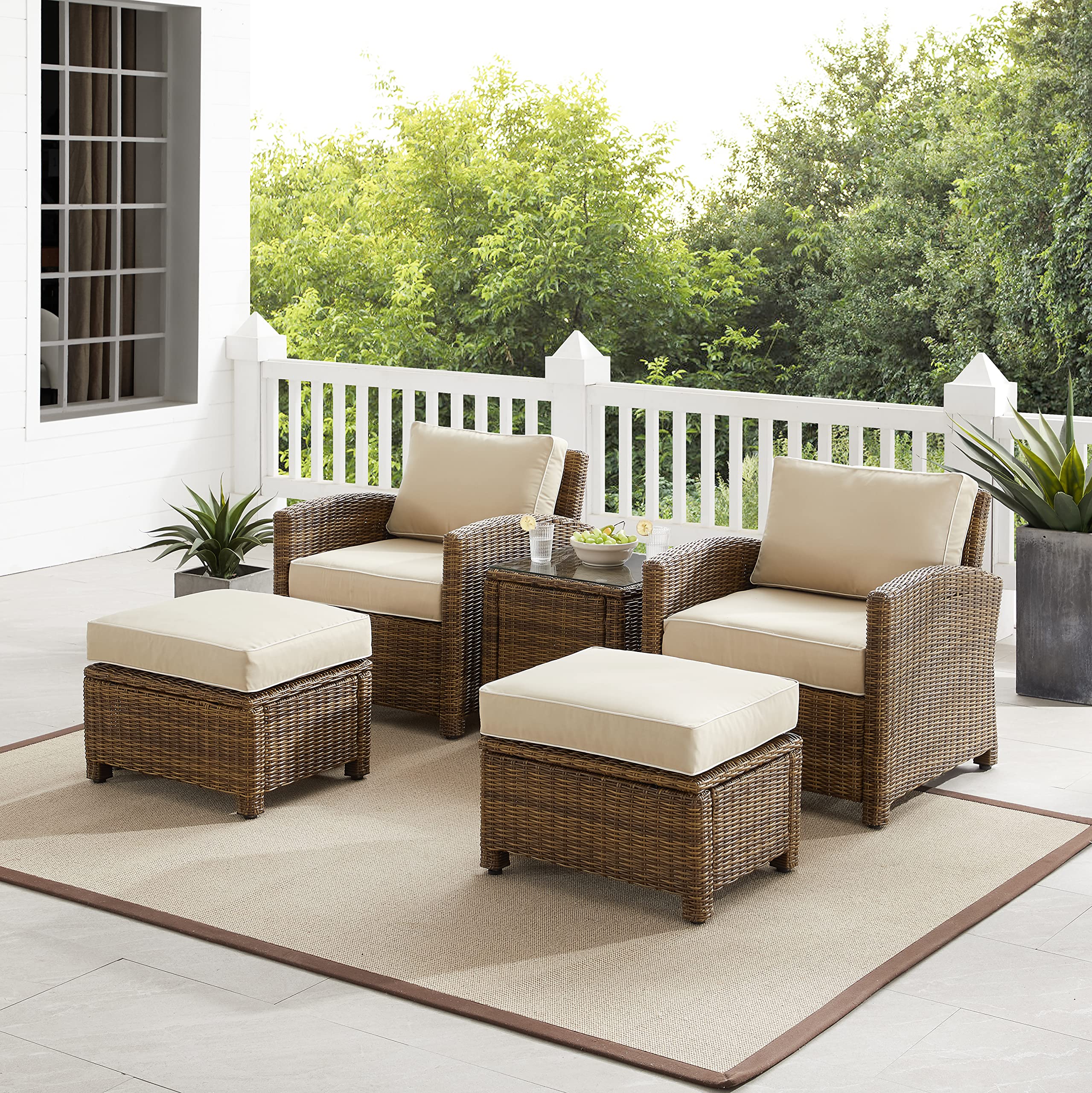 Crosley Bradenton 5-Piece Outdoor Patio Furniture Set - Weather-Resistant Wicker Chairs with Sand Cushions for Porch, Deck & Backyard Conversation Area