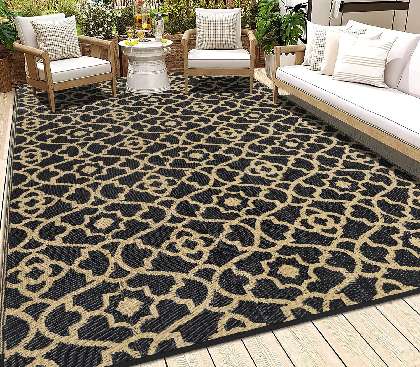 HEBE 5'x8' Waterproof Reversible Outdoor Rug - Durable Plastic Straw Patio Mat for RV, Camping, Deck, Porch, Balcony & Backyard | Perfect for Outdoor Gatherings, Picnics & Relaxation