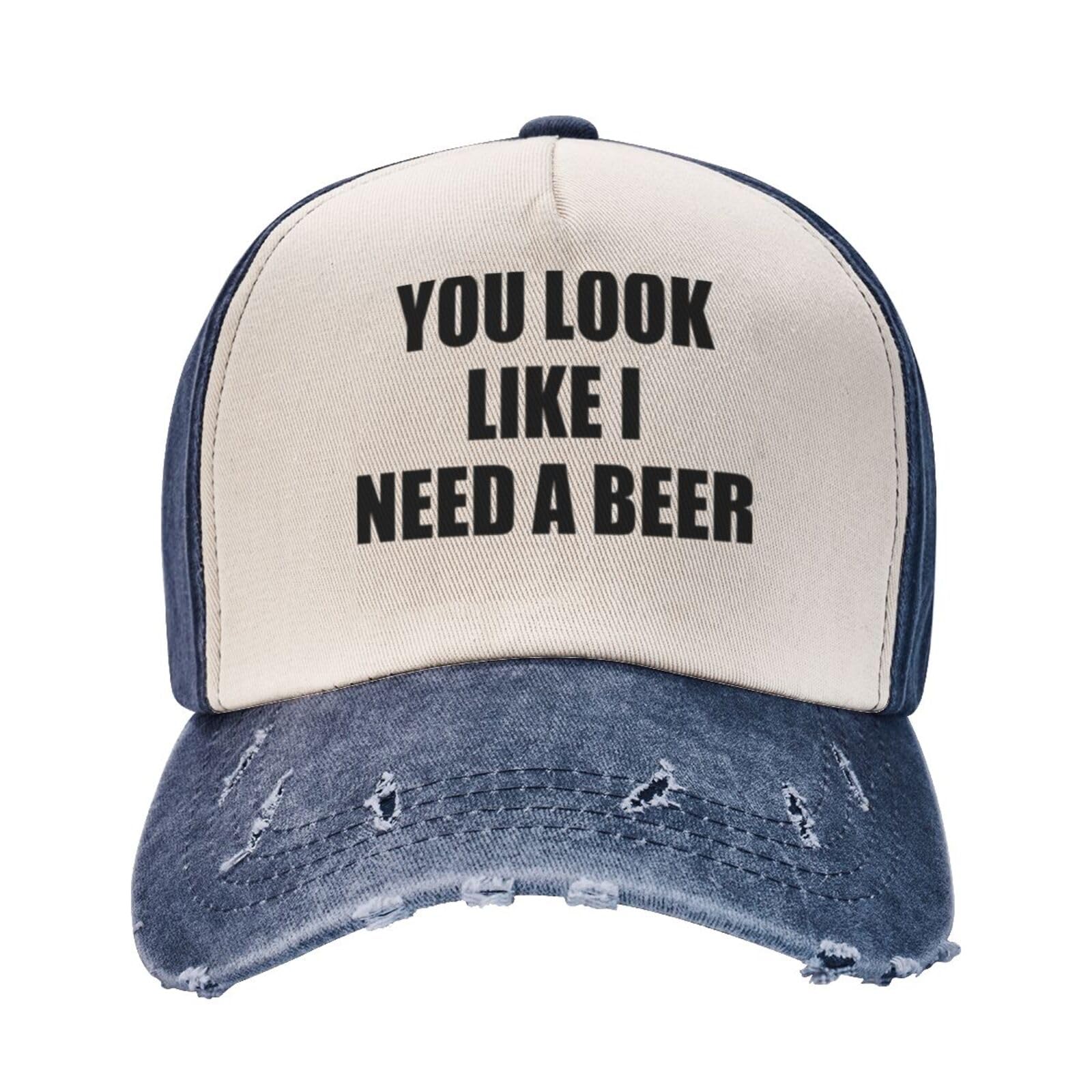 YvoneDBrownn Navy Blue Washed Denim Baseball Cap - Adjustable Dad Hat for Men & Women - Fun 'You Look Like I Need A Beer' Design - Perfect for Outdoor Activities, Sports Events & Casual Wear